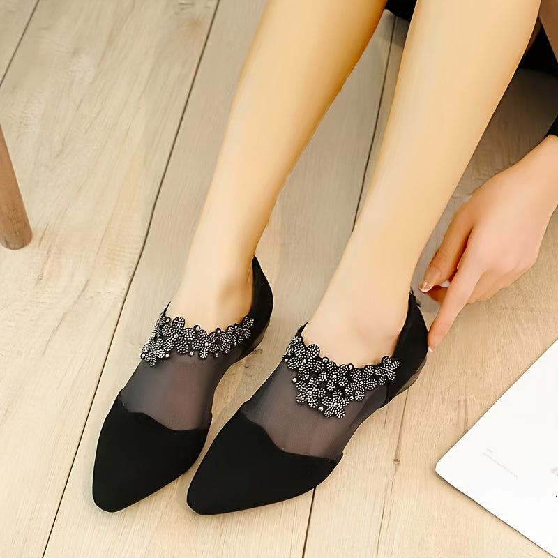 Women's Mid-Heel Sandals with Rhinestone Embellishments Pointed Toe Mesh Slip-On