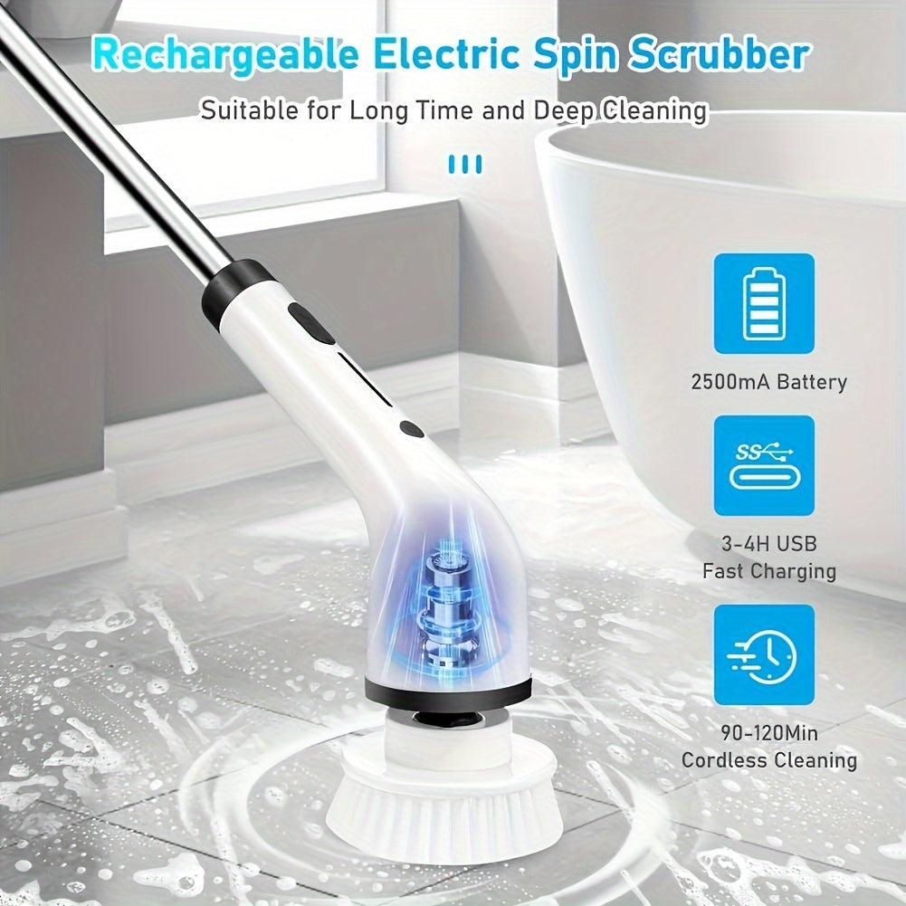 Wireless Electric Rotating Shower Brush with 8 Replaceable Heads and Extendable Handle