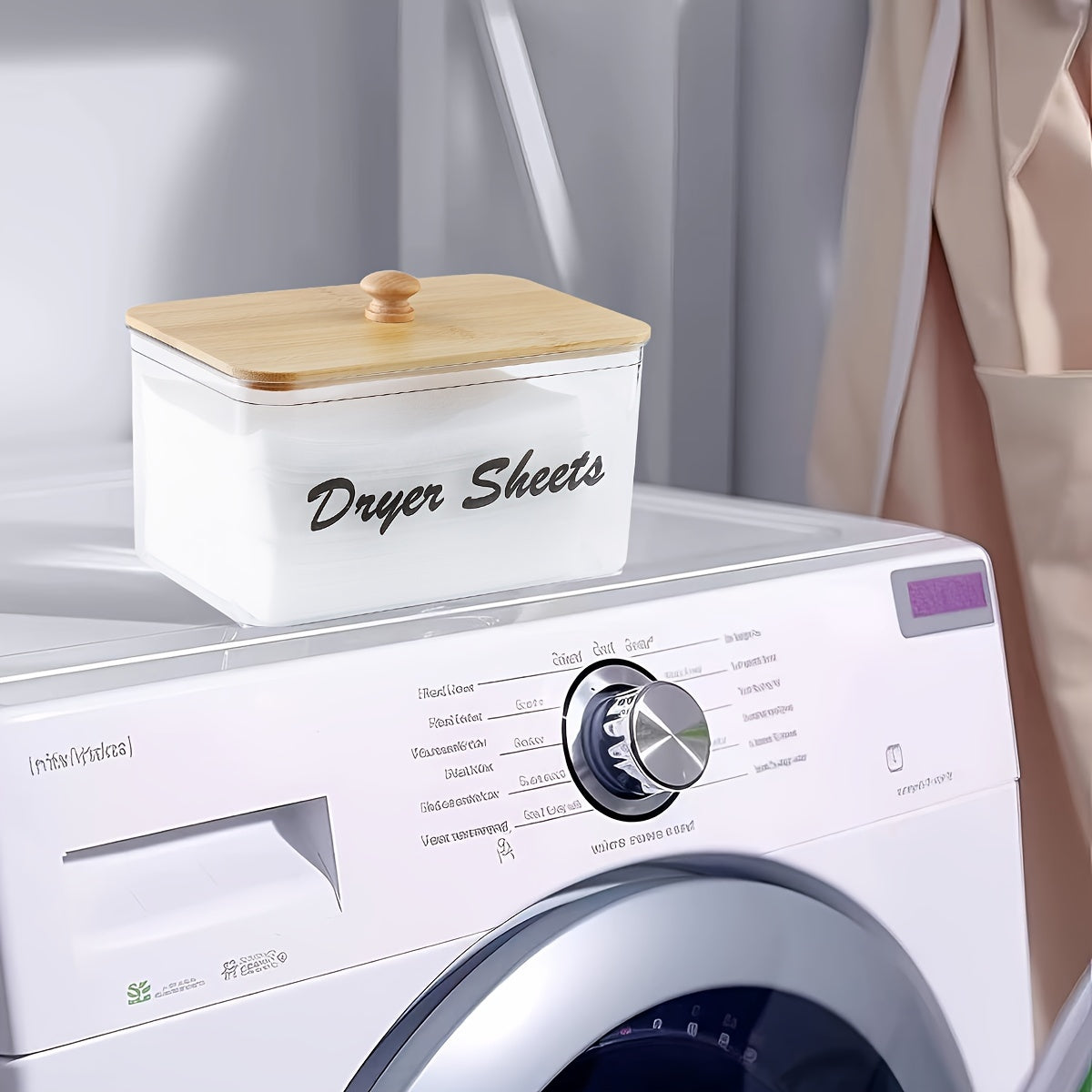 Porta hojas para secadora con tapa de bambú y dispensador para organización de lavandería