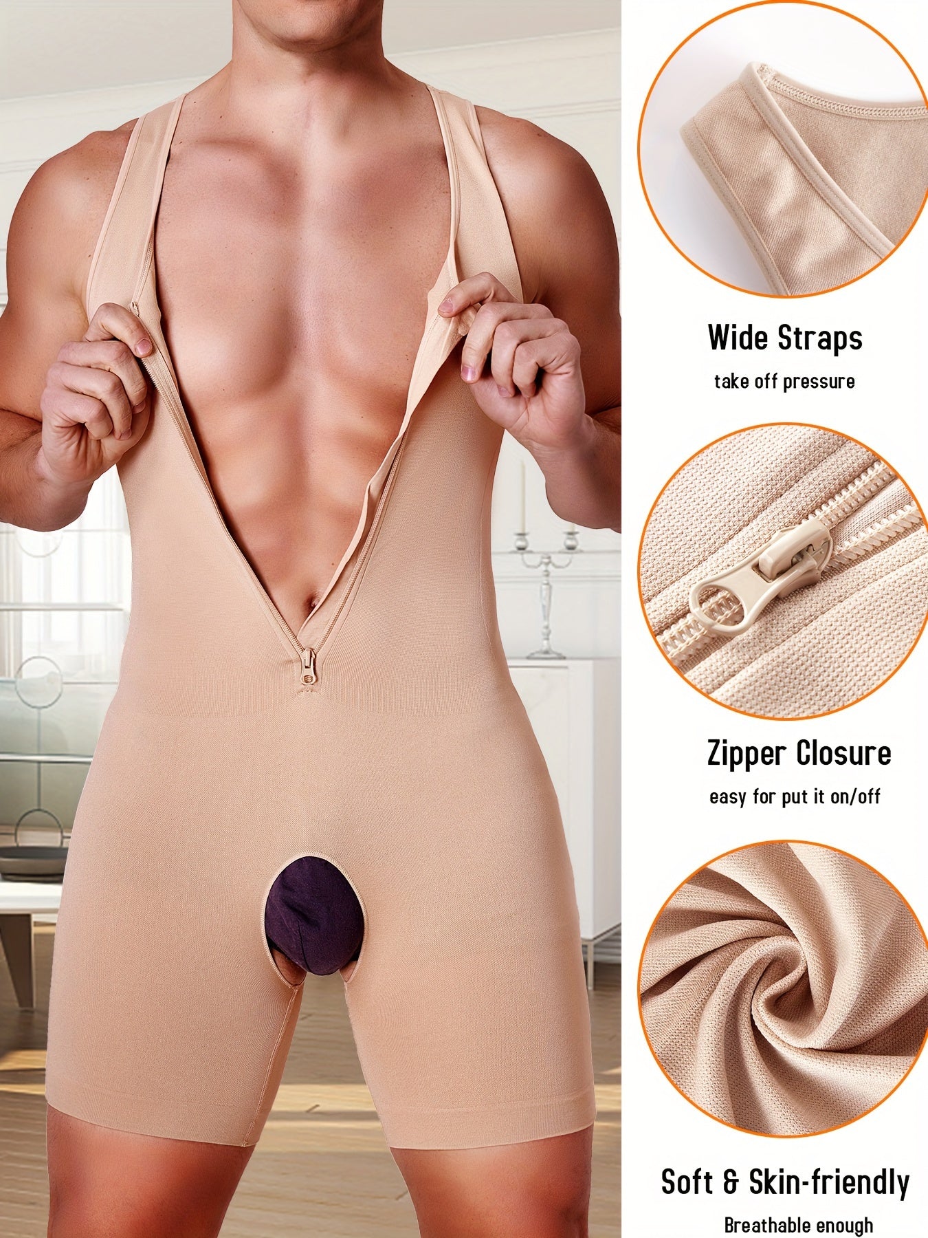 Body de control abdominal beige para hombre con cremallera, ajuste delgado, soporte de compresión