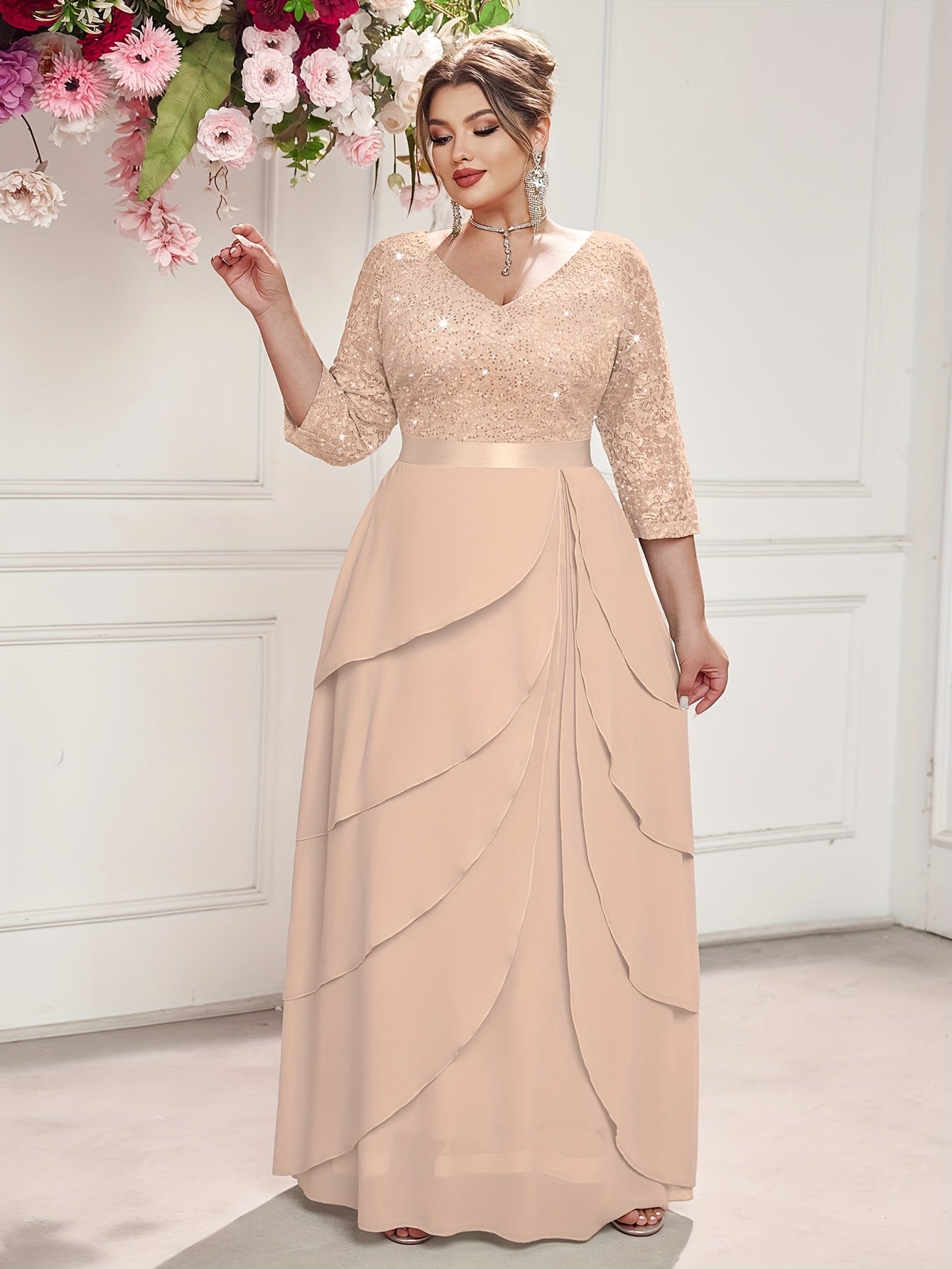 Plus Size Women's Sequin Lace V-Neck Maxi Dress Formal Evening Gown