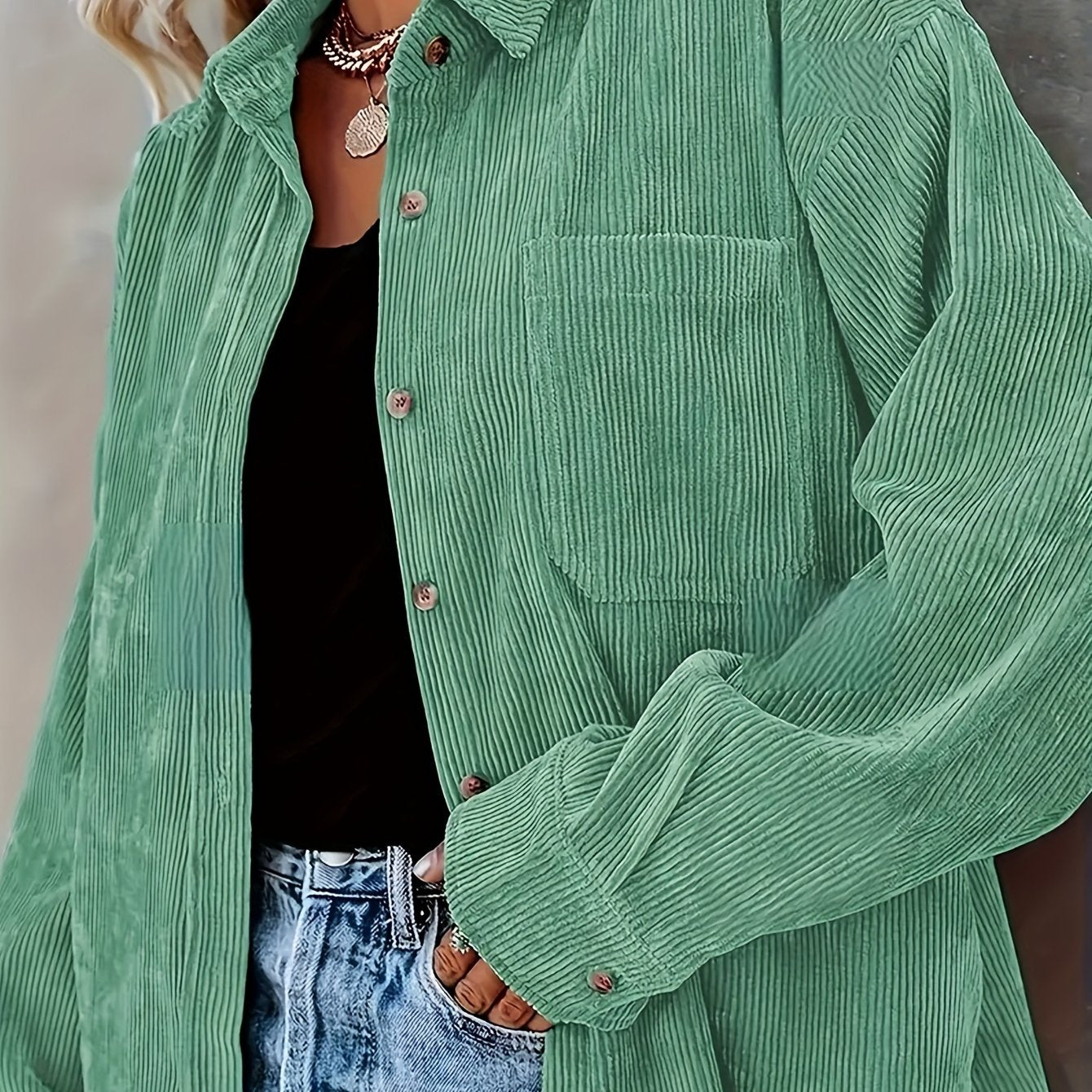 Plus Size Women's Corduroy Button-Up Shirt Long Sleeve Solid Polyester