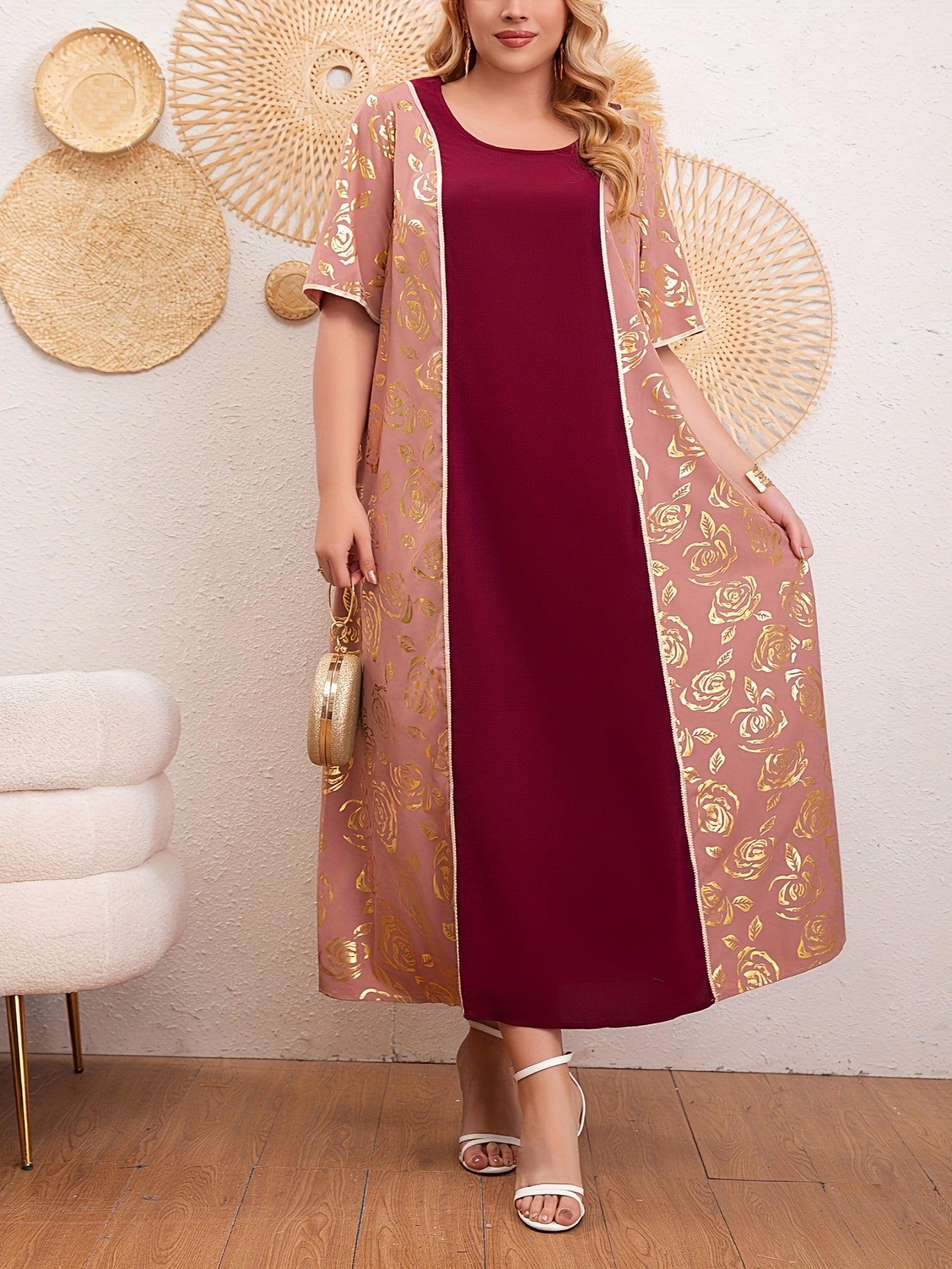 Plus Size Floral Pattern Kaftan Dress Short Sleeve Women Stylish Cover-Up