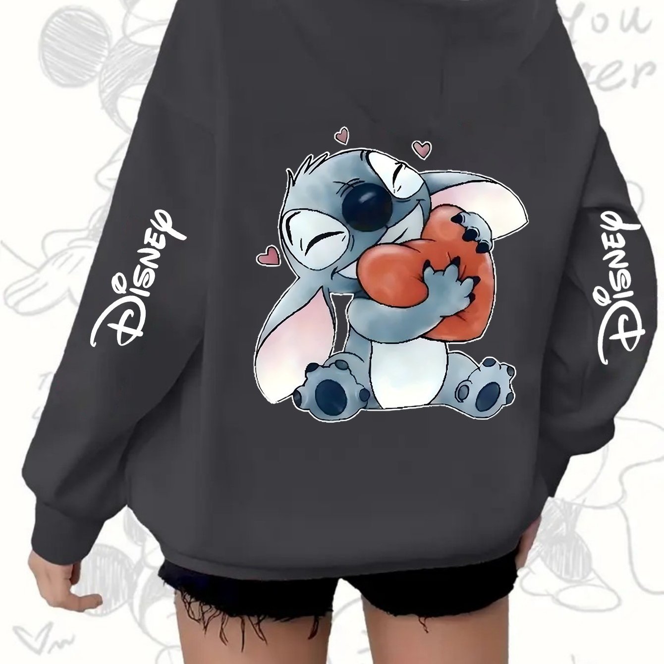 Plus Size Women’s Hoodie with Cartoon Print Heart Pockets Zip-Up Casual Jacket