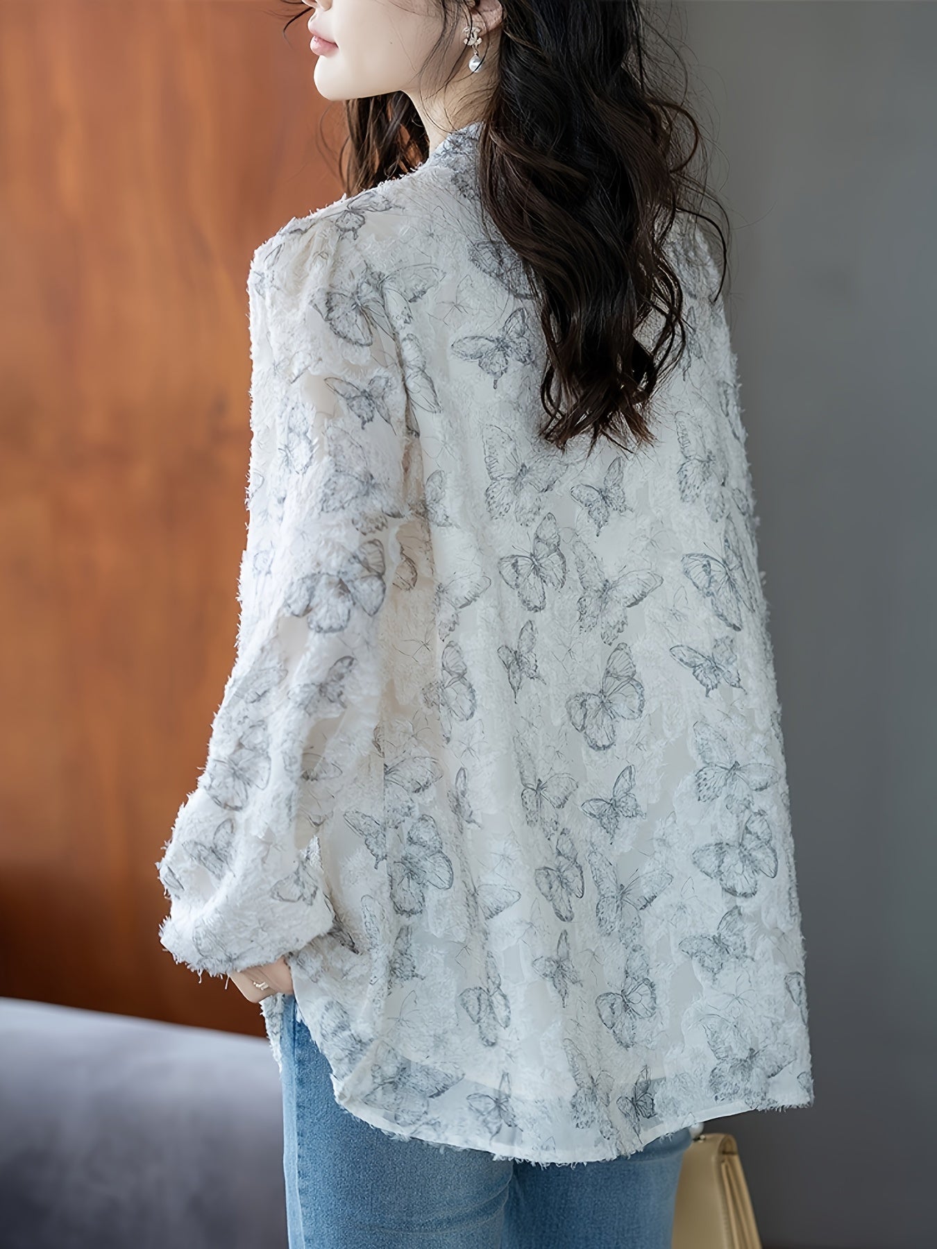 Women's V-Neck Long Sleeve Shirt Woven Polyester Color Block Butterfly Print