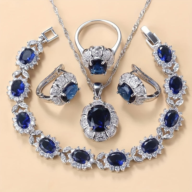 Women's Jewelry Set with Necklace Earrings Ring and Bracelet Silver Plated Cubic Zirconia