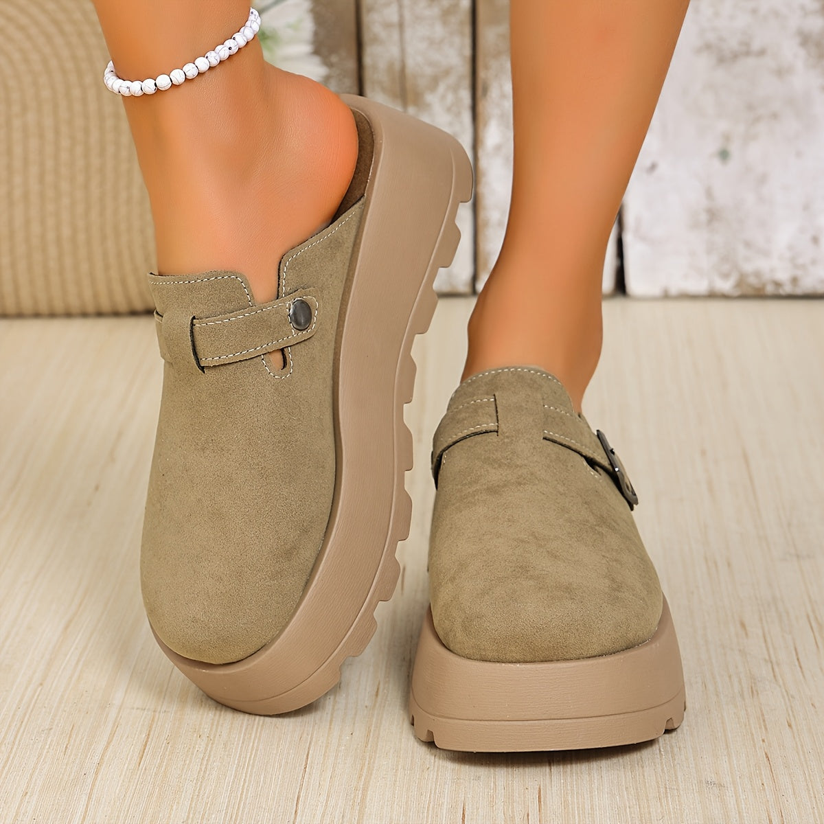 Women Beige Wedge Mules with Adjustable Buckle Slip-On Shoes