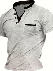 Erkaklar uchun klassik ko'k V-shaklidagi Henley ko'ylagi, ko'krak cho'ntagi bilan, polyester aralashmasidan tayyorlangan, yozgi norasmiy yoki ish kiyimlari uchun ideal, KATTA O'LCHAM, qisqa yeng, oddiy kesim