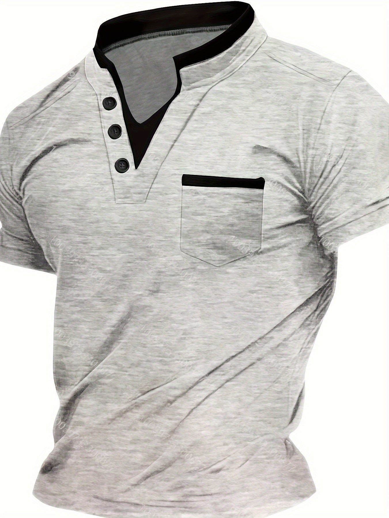 Erkaklar uchun klassik ko'k V-shaklidagi Henley ko'ylagi, ko'krak cho'ntagi bilan, polyester aralashmasidan tayyorlangan, yozgi norasmiy yoki ish kiyimlari uchun ideal, KATTA O'LCHAM, qisqa yeng, oddiy kesim