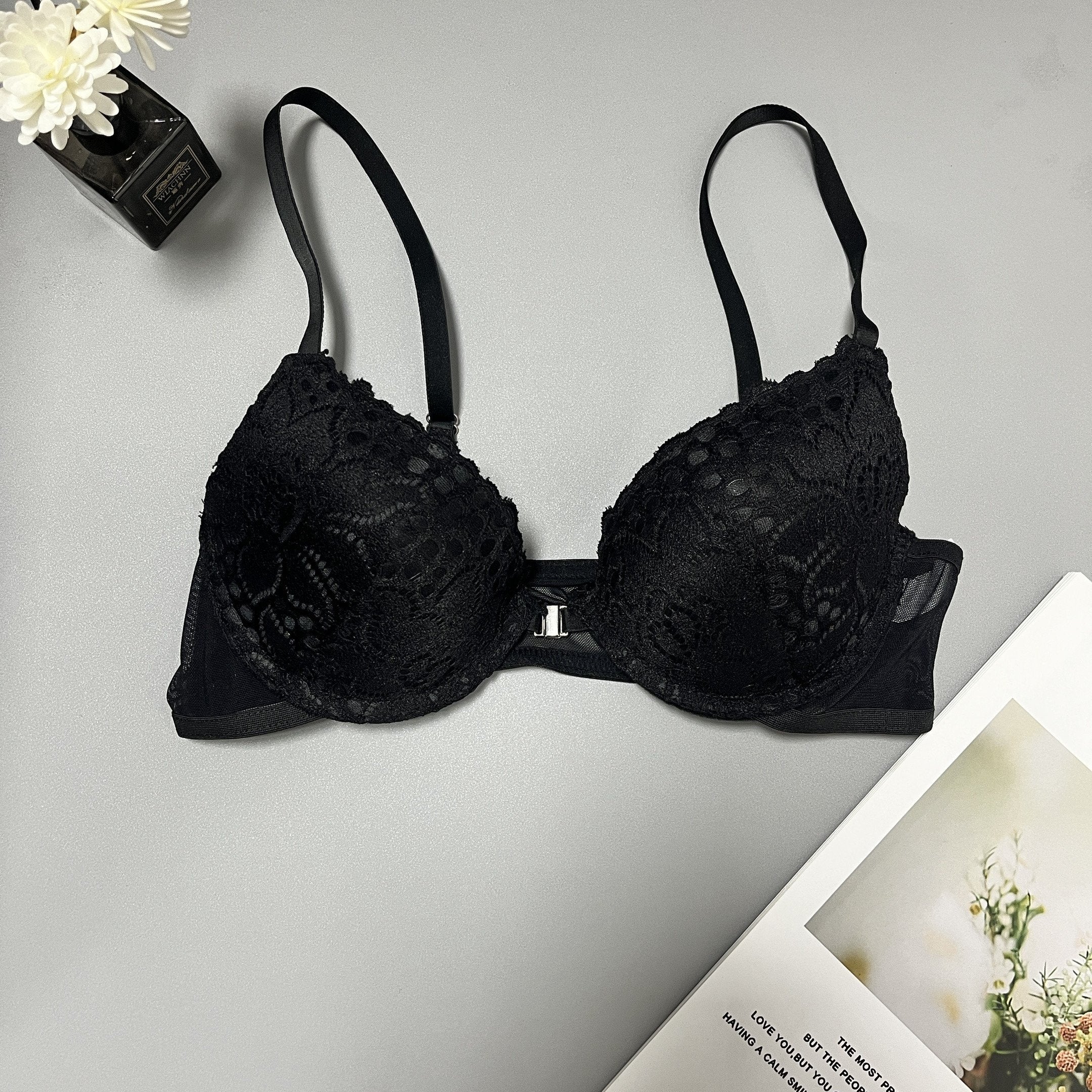 Women's Lace Push Up Bra with Removable Pads High Support Nylon Knit Solid Color