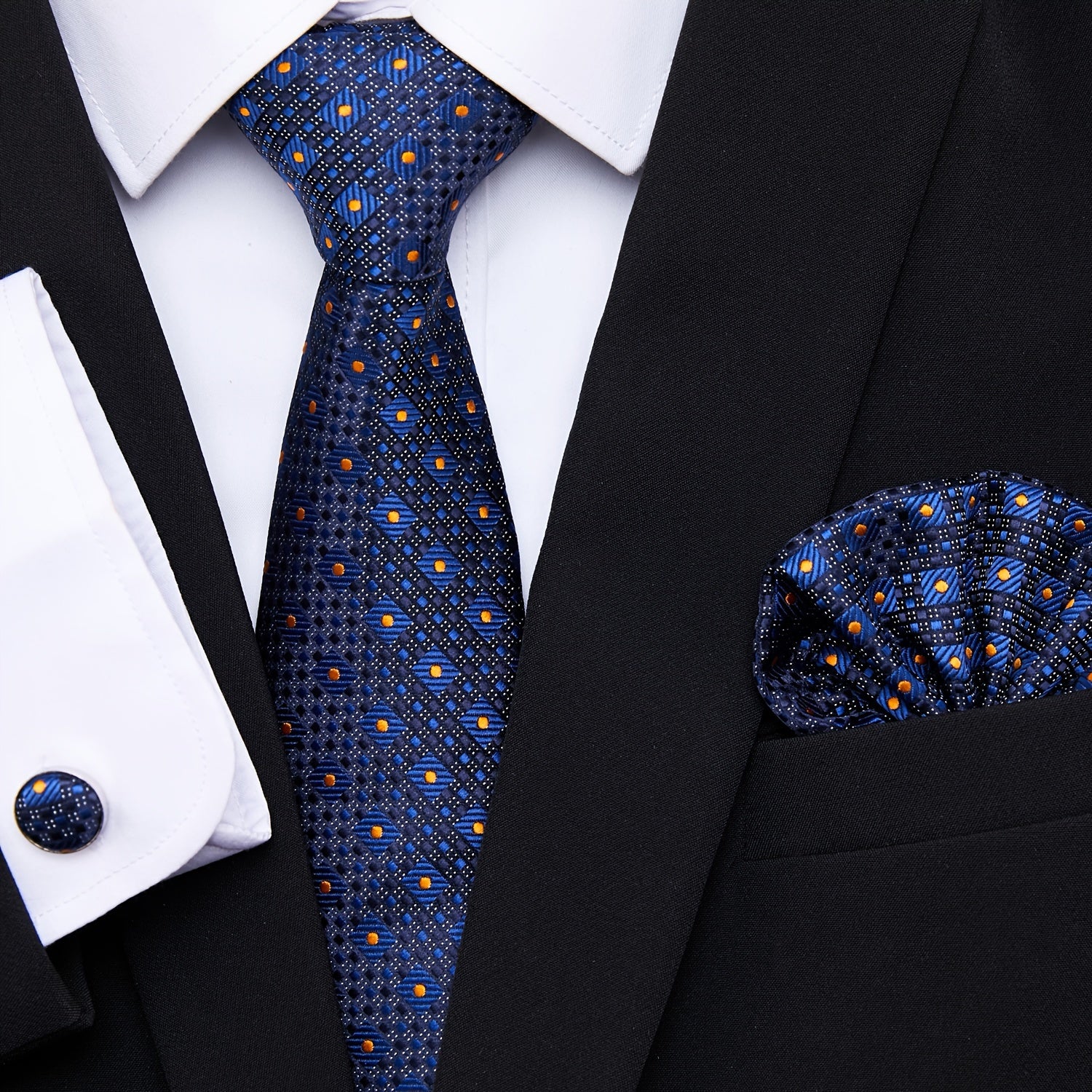 Men's Blue Jacquard Floral Tie Set with Pocket Square and Cufflinks for Weddings and Formal Events