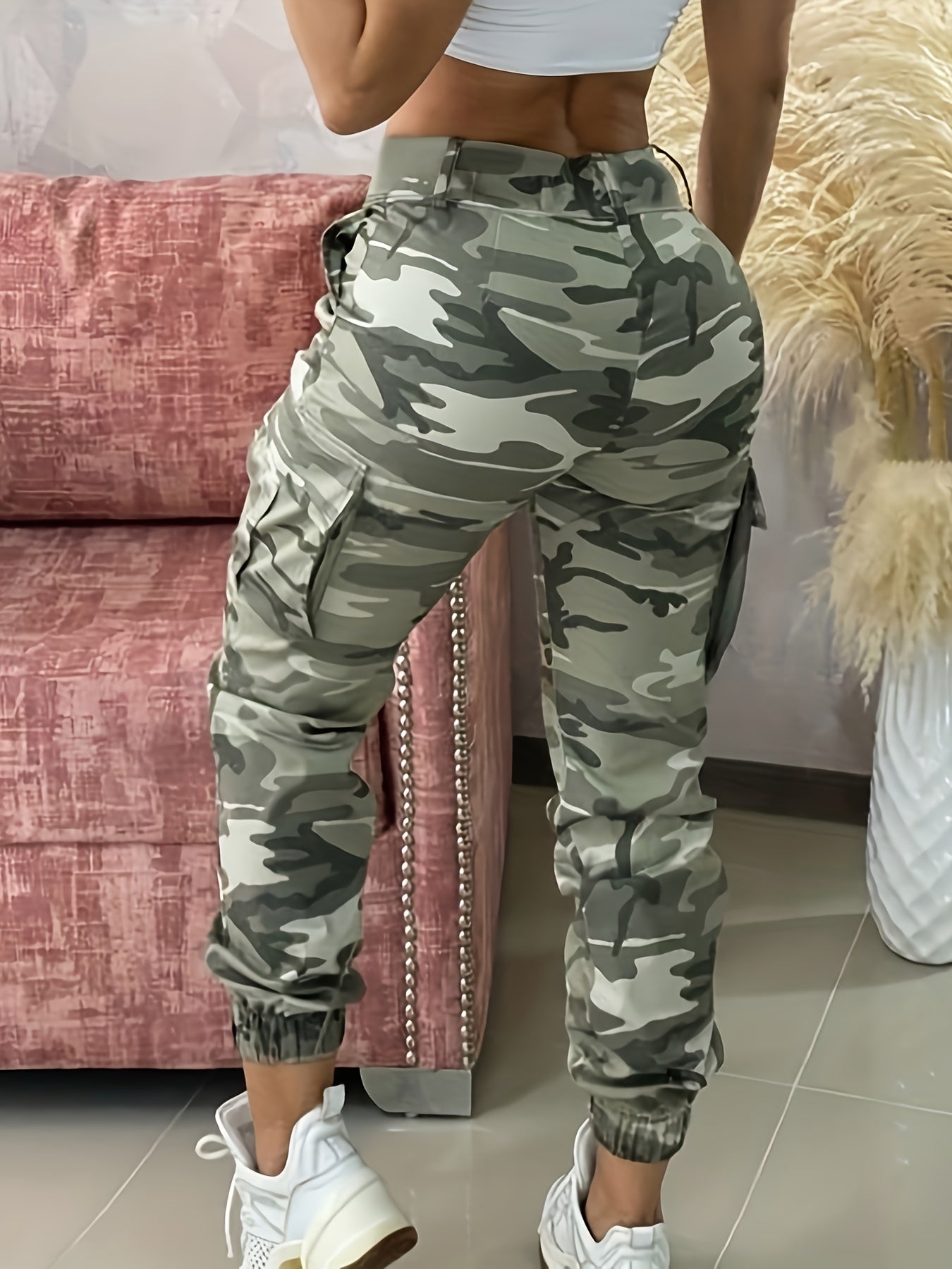 Women's Camo Print High-Waist Joggers with Drawstring and Machine Washable