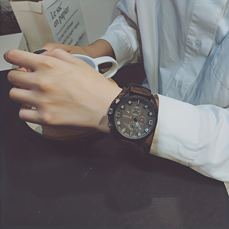 Men's Sports Watch with Large Dial, Calendar, Quartz Movement, PU Leather Strap