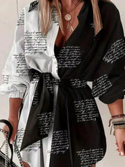 Ayollar uchun belbog'li plussayz rangli blokli ko'ylak. V-yuqori, uzun yeng, harf bosma. Mashinada yuvish mumkin, polyesterdan tayyorlangan. Norasmiy uslub.