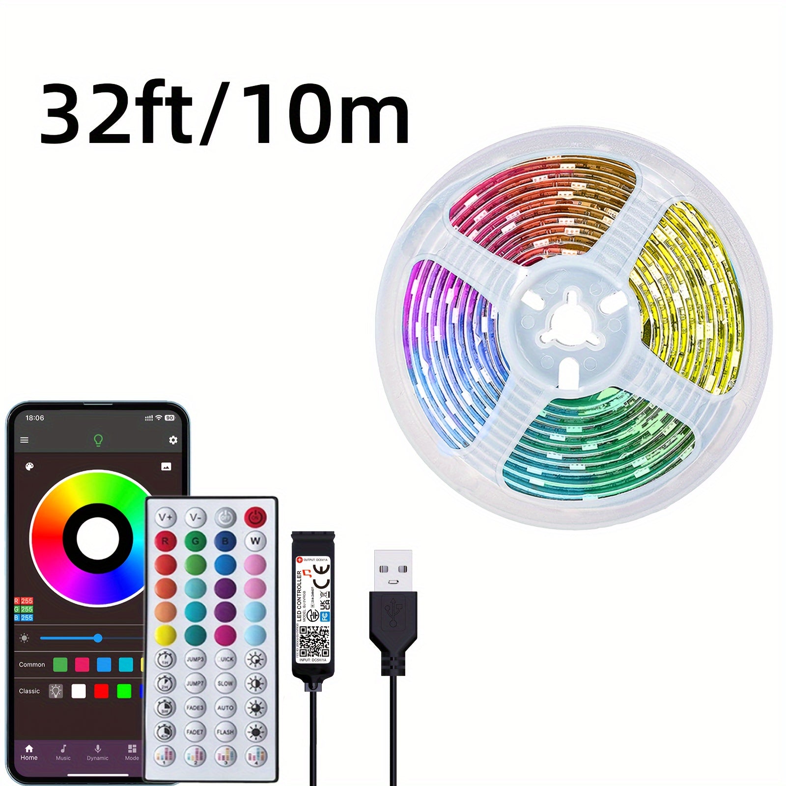 LED Strip Lights 4.88-30.48m with Remote App Control Dimmable Color Changing Music Sync