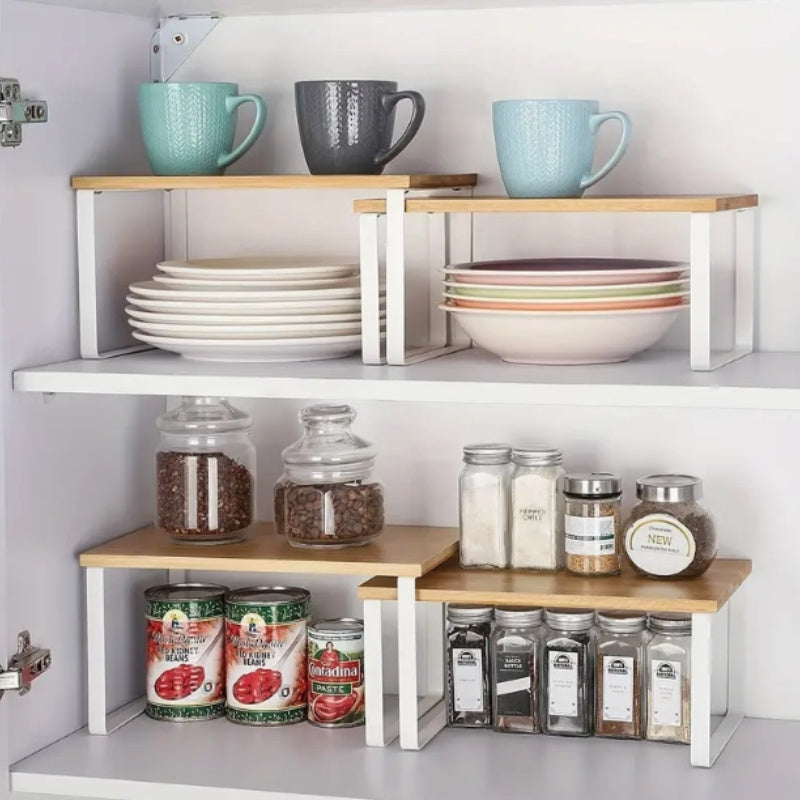 Expandable Wooden Bamboo Spice Rack with Stackable Storage for Kitchen Counter