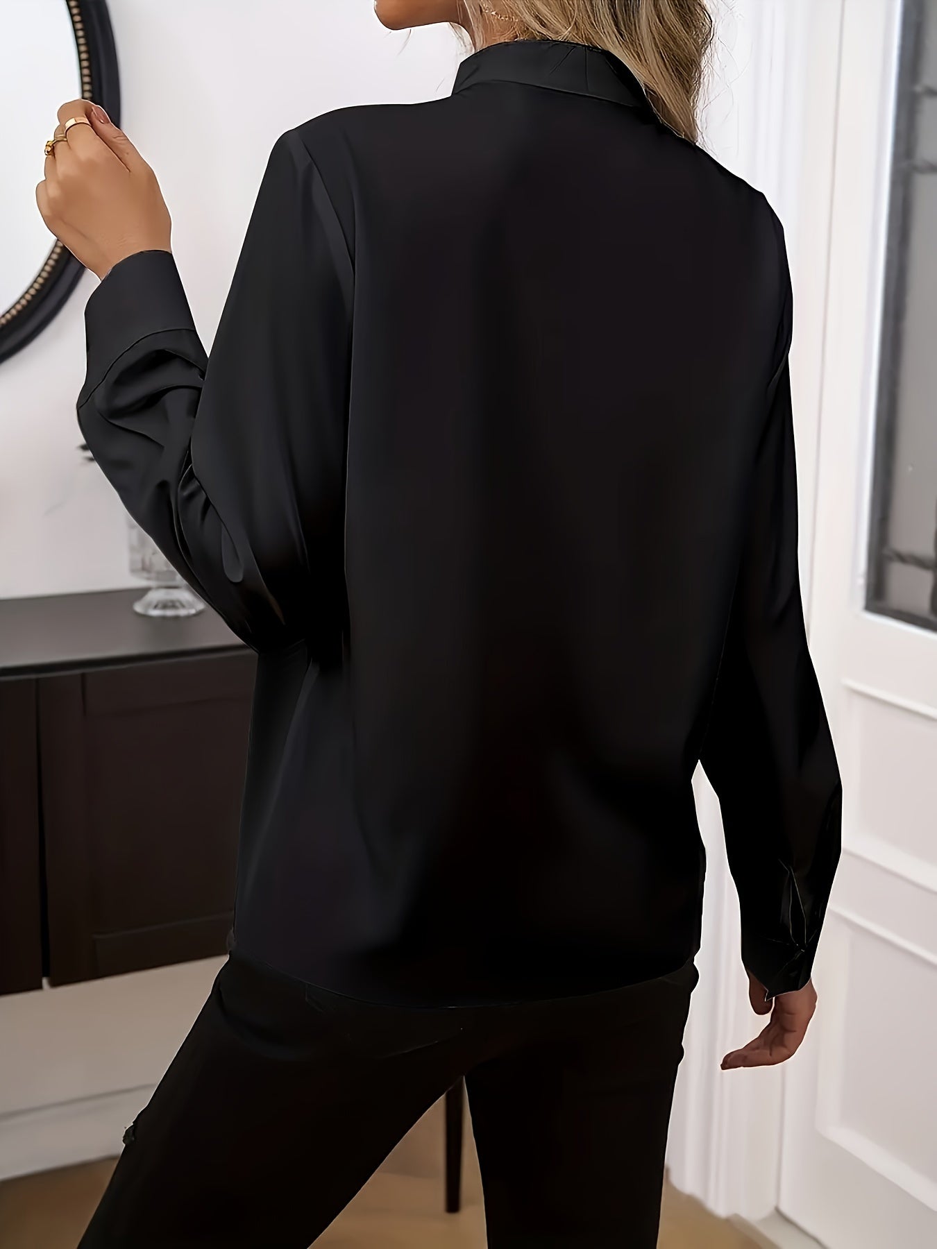 Women's Solid Color Polyester Woven Stand Collar Ruffle Shirt for Work and Party