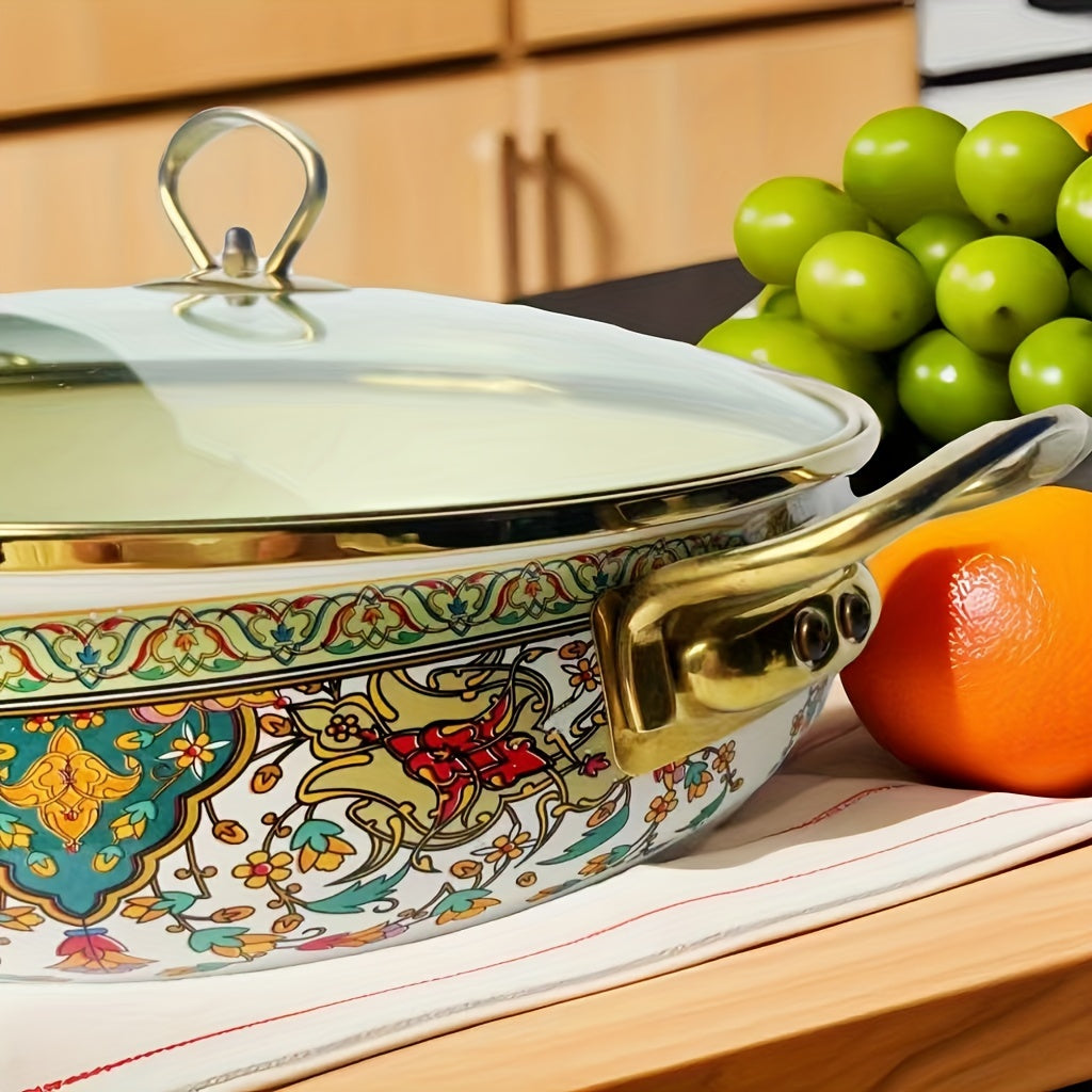 Vintage Enamel Stockpot 30cm Shallow Soup Pot with Lid Handle Induction Compatible