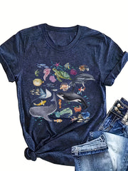 Plus o'lcham ayollar uchun Marine Life print Crew Neck T-shirt qisqa sleeve kundalik ko'ylak
