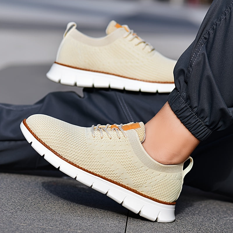 Men's Breathable Knit Business Casual Shoes Beige Brown Leather Upper EVA Sole Round Toe All-Season