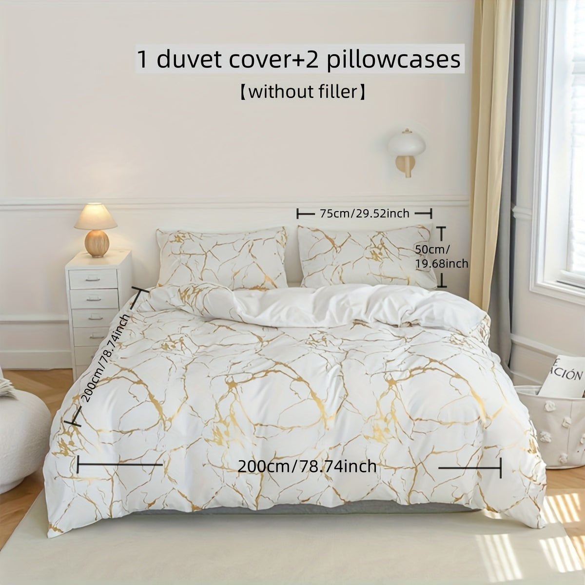 White Marble Pattern Quilt Cover Set with Gold Foil Print 2/3 Pieces Bedding