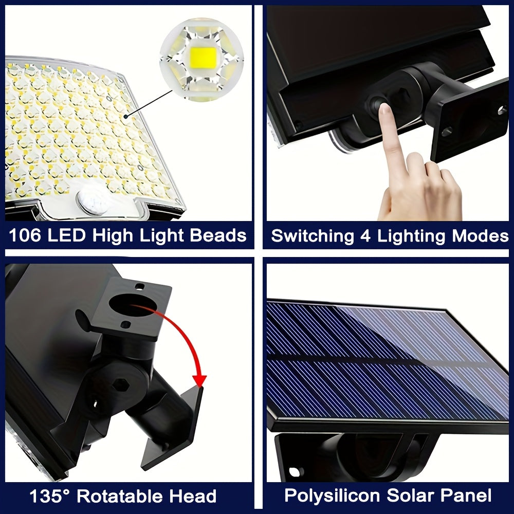 Luz de pared solar con 106 LEDs, sensor de movimiento, ángulo ajustable, cable de 279cm para patio y jardín