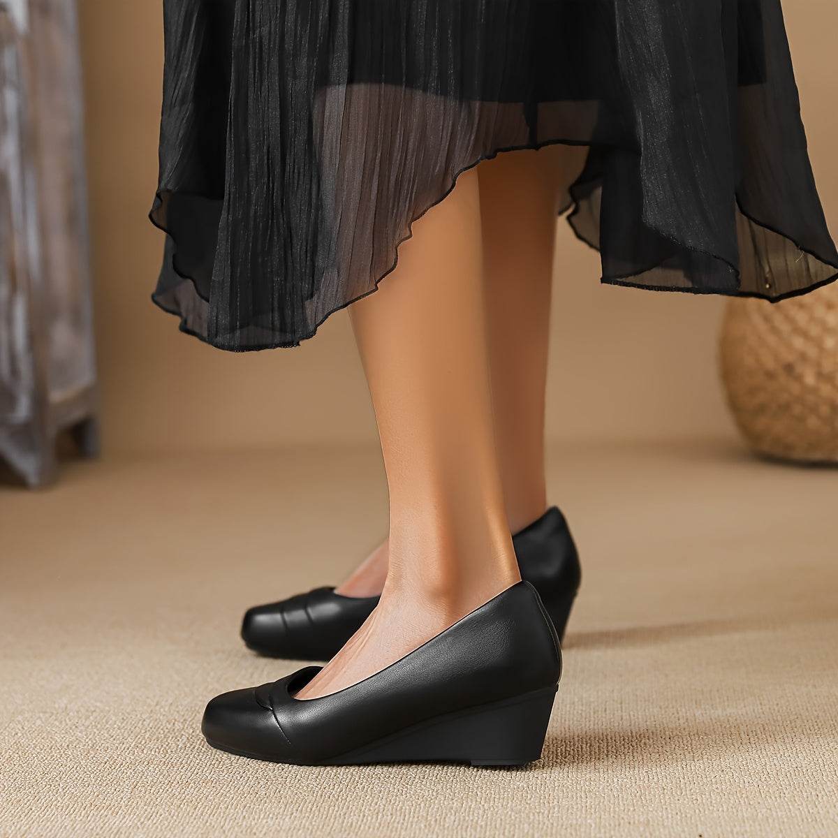 Women's Black Block Heel Pumps Slip-Resistant Office Dress Shoes