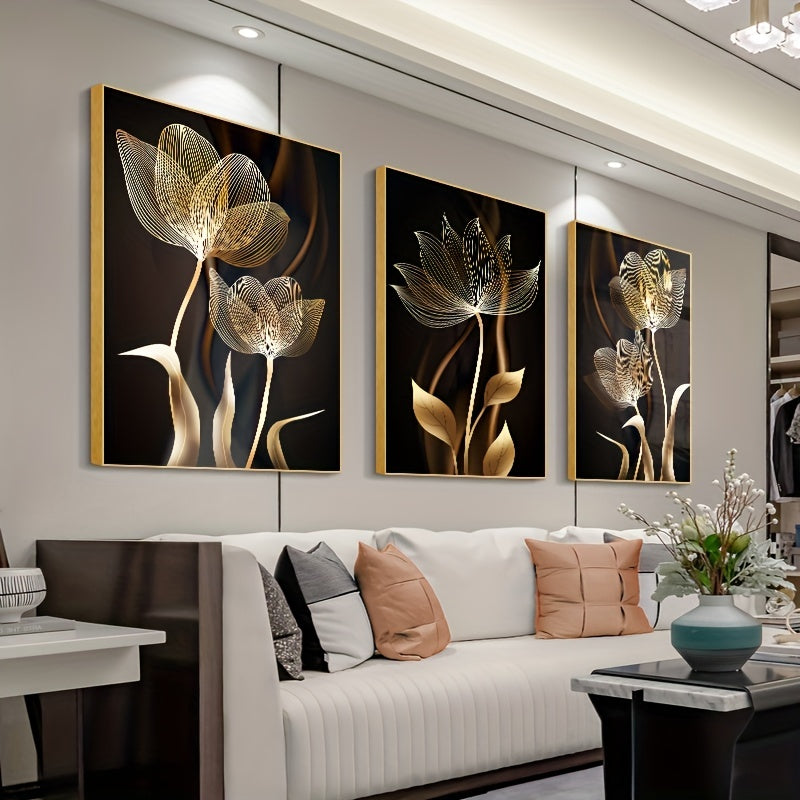 Set of 3 Black and Gold Flower Wall Art Posters Canvas Paintings for Living Room Decor 15.7x23.6 Inches