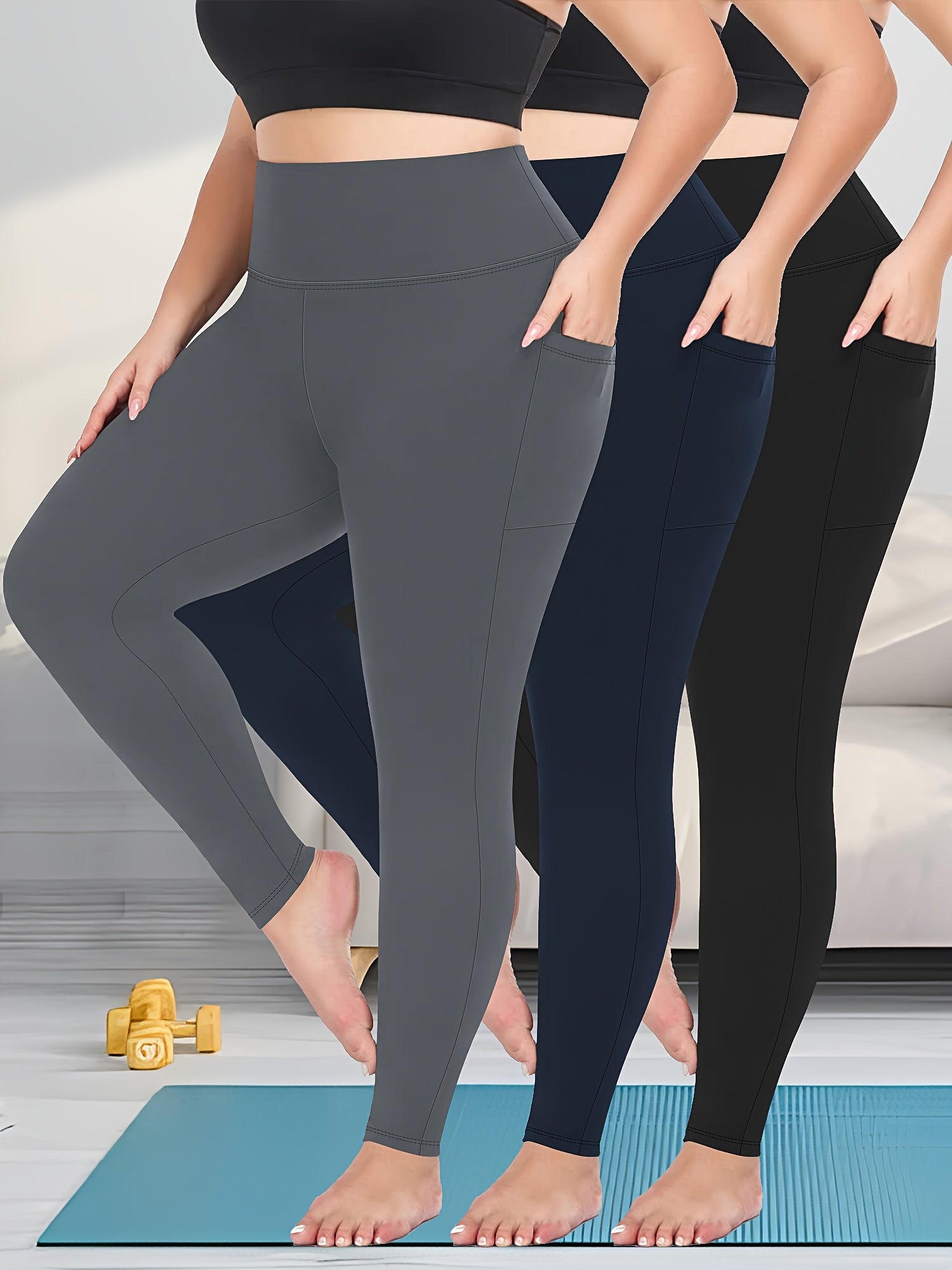 Plus Size Womens Black Pockets High Waisted Tummy Control Leggings Set