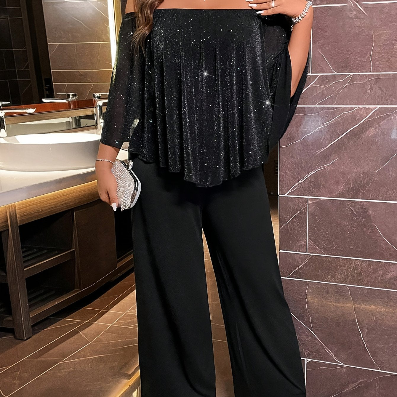 Plus Size Women's Knit Culottes With Off-Shoulder Style Solid Color Casual | Polyester, Spring Summer Fall