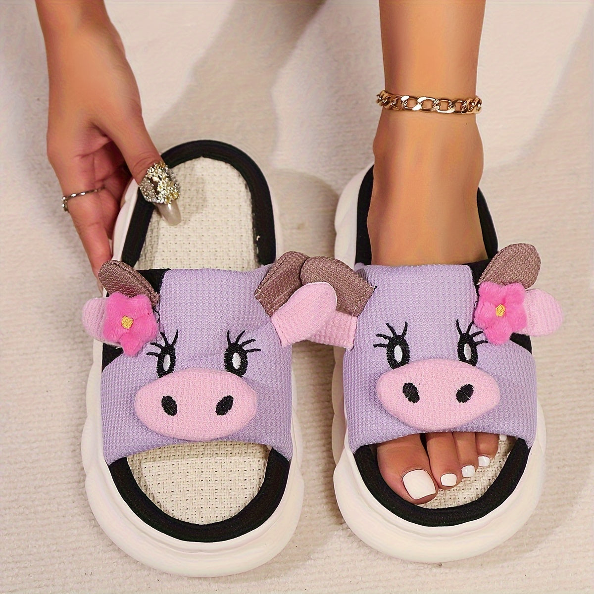Women's Cow Print Slip-On Slippers Soft Fabric Indoor Outdoor Shoes