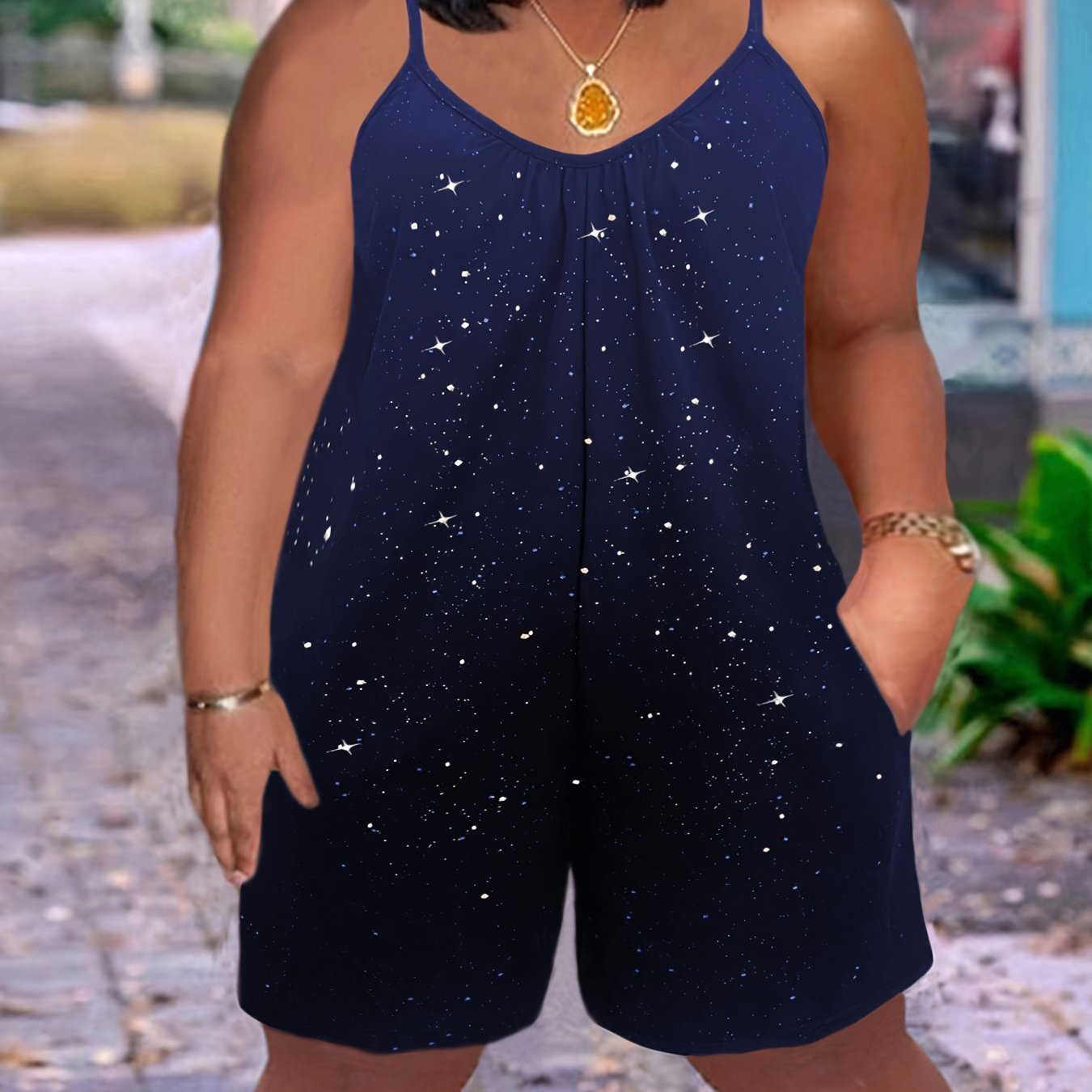 Women's Sleeveless Jumpsuit with Starry Night Print Navy Blue Casual Dress