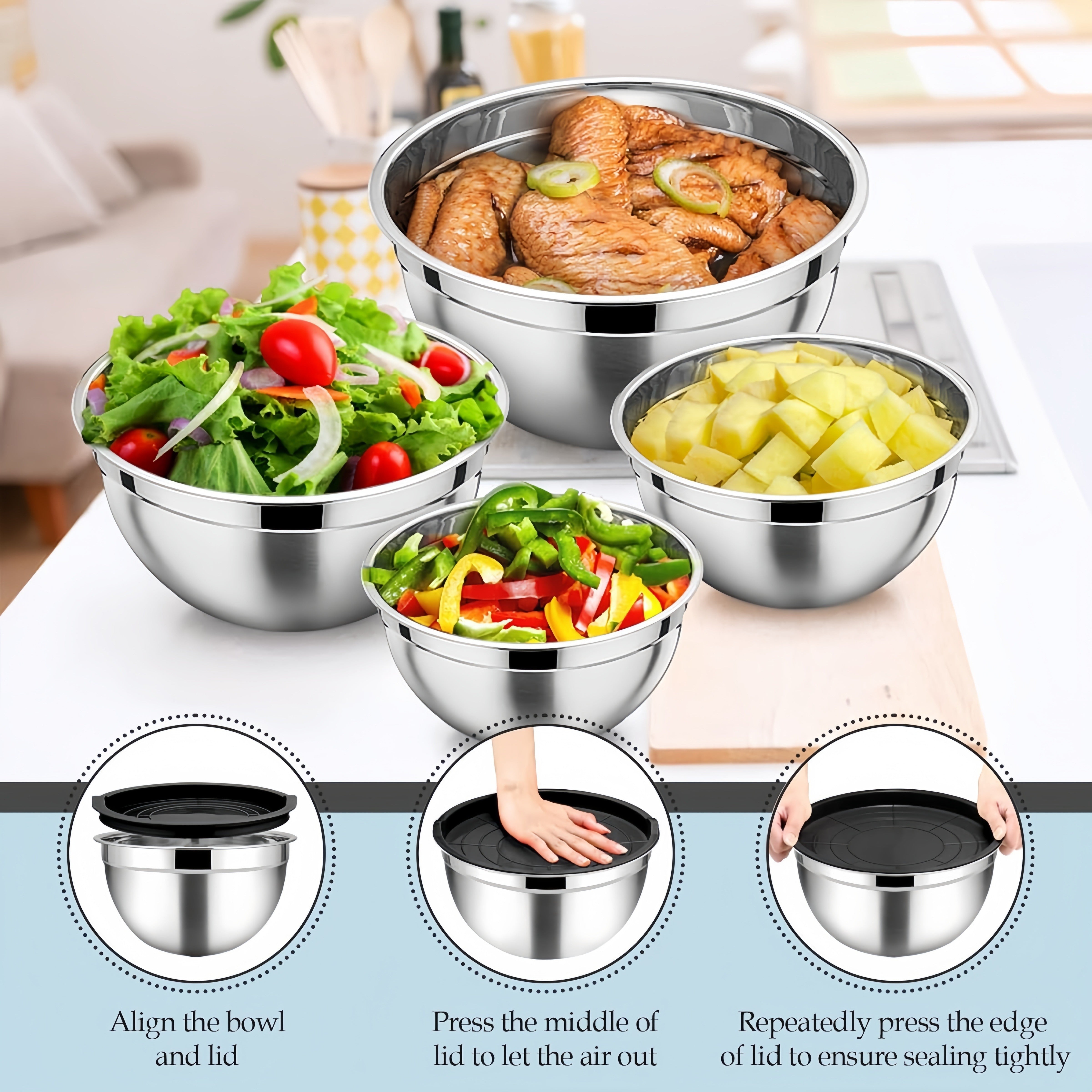 15-Piece Stainless Steel Mixing Bowls Set with Black Seal Covers and Grater Accessories