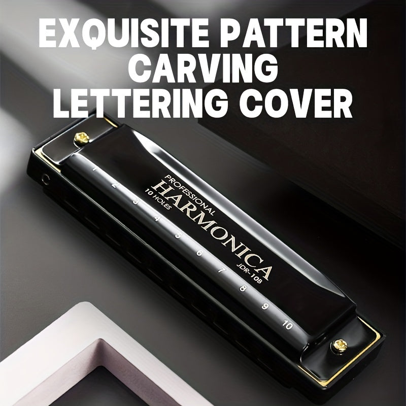 10-Hole C Key Blues Harmonica with Hard Case Stainless Steel Polished for Beginners Professionals