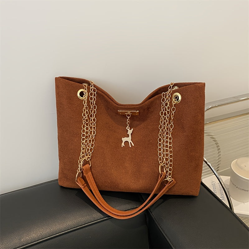 Стильная сумка-тоут с подвеской в виде оленя для женщин с большой вместимостью, золотистыми цепочками, черного цвета, магнитным замком, универсальная для повседневного использования.