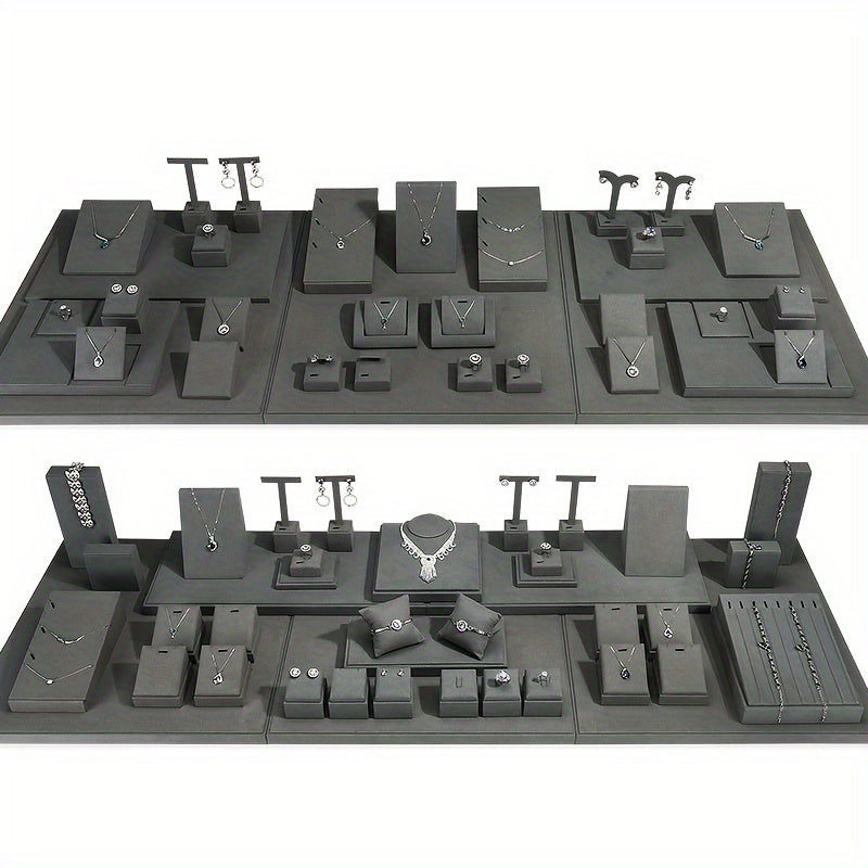 Набор дисплеев для украшений серого цвета с кулоном, серьгами, кольцом, подставкой и подносом
