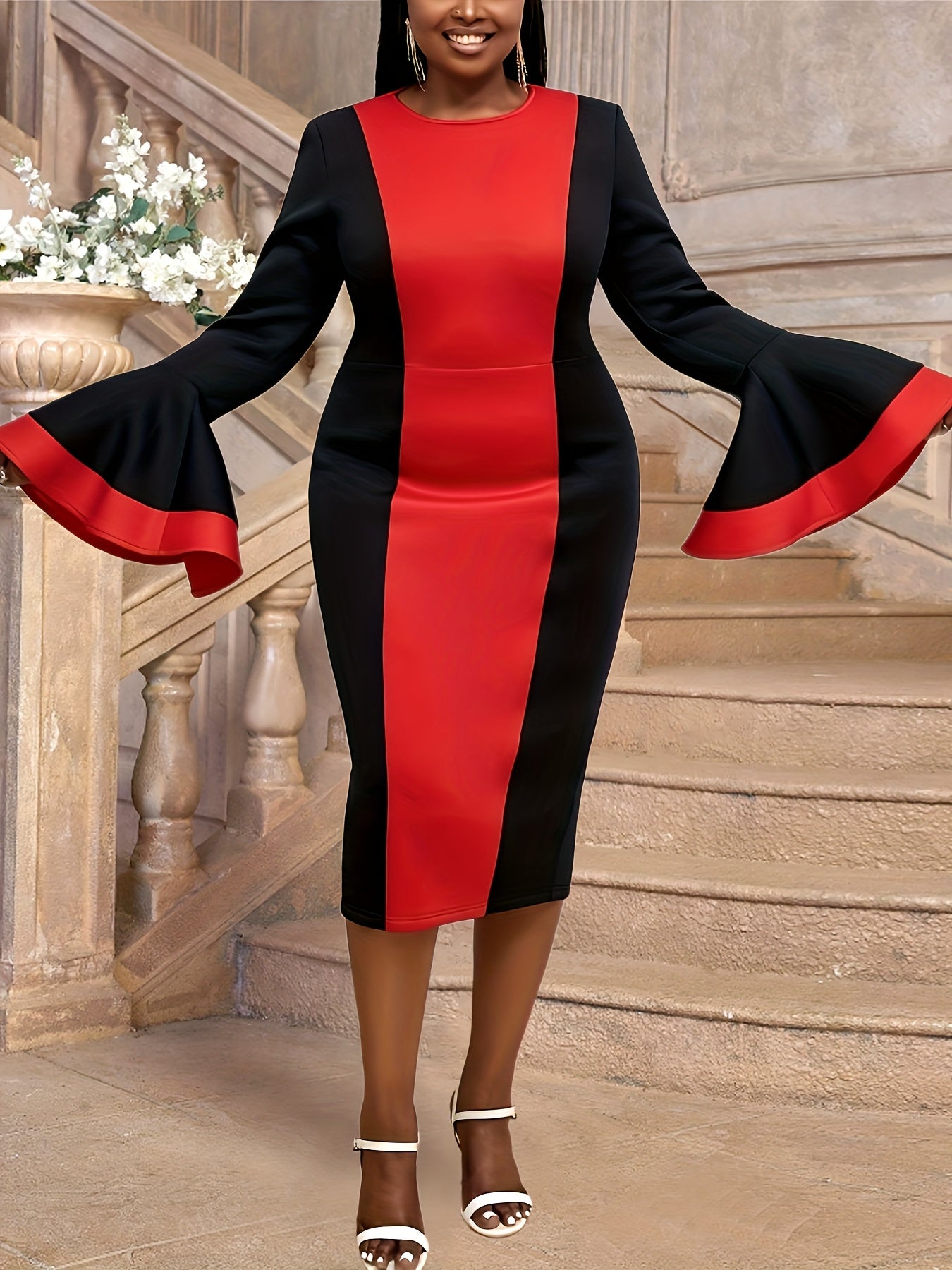 Women's Color Block Midi Dress with Flared Sleeves and High Slit