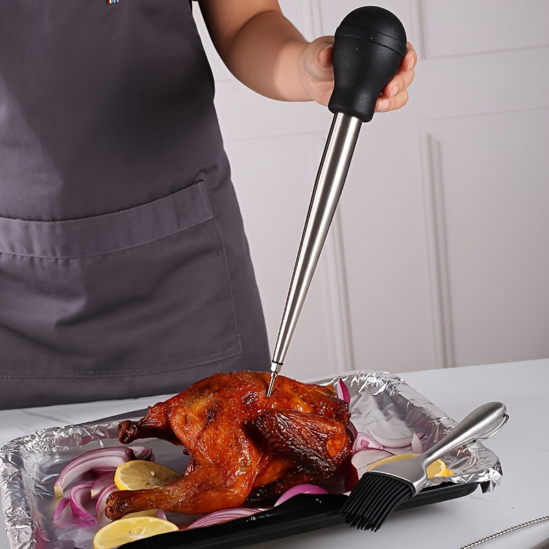 Stainless Steel Turkey Baster and Silicone Brush Set for Marinades and Cooking