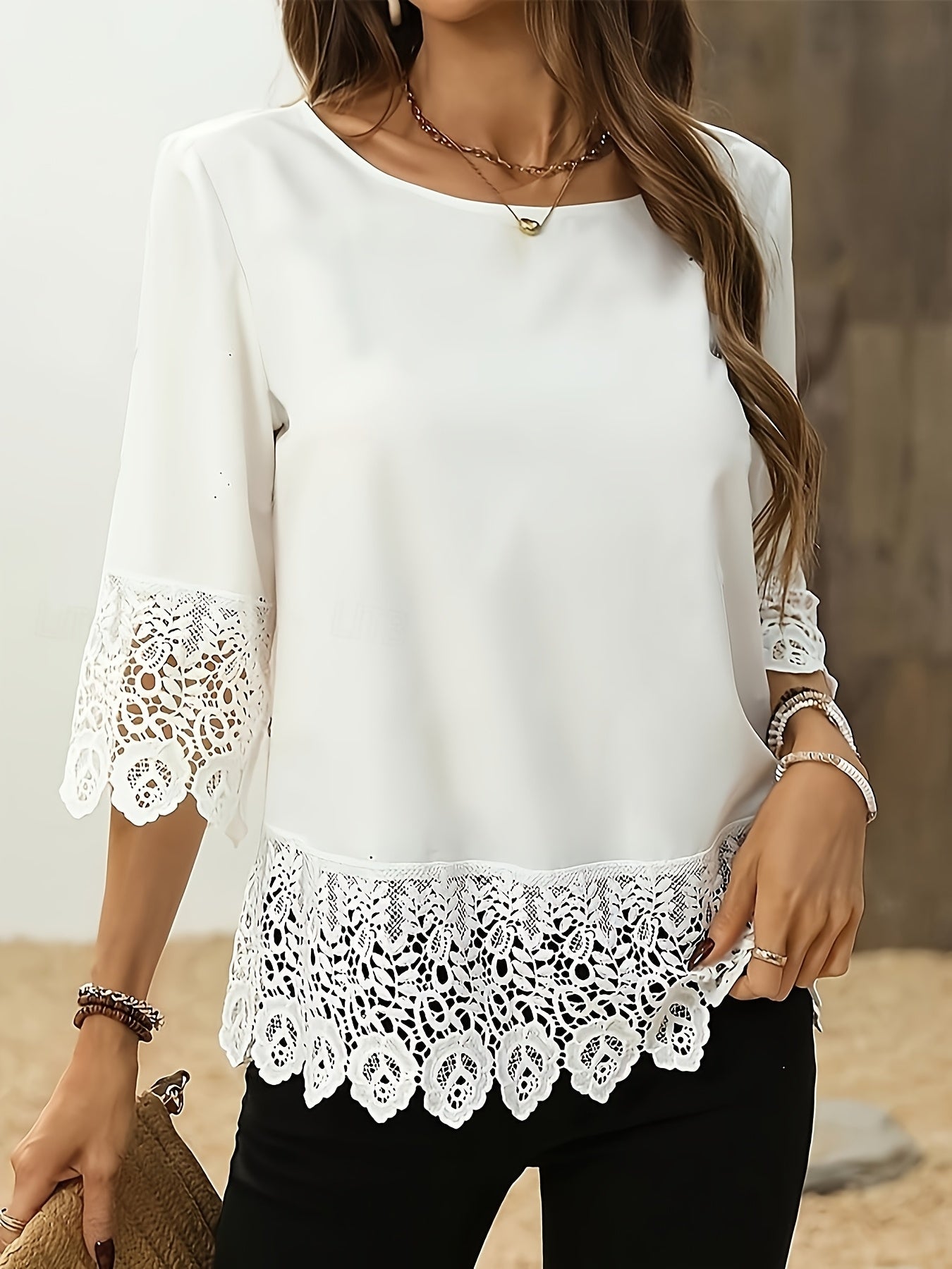 Plus Size White Blouse for Women Polyester Round Neck Half Sleeve Spring Summer