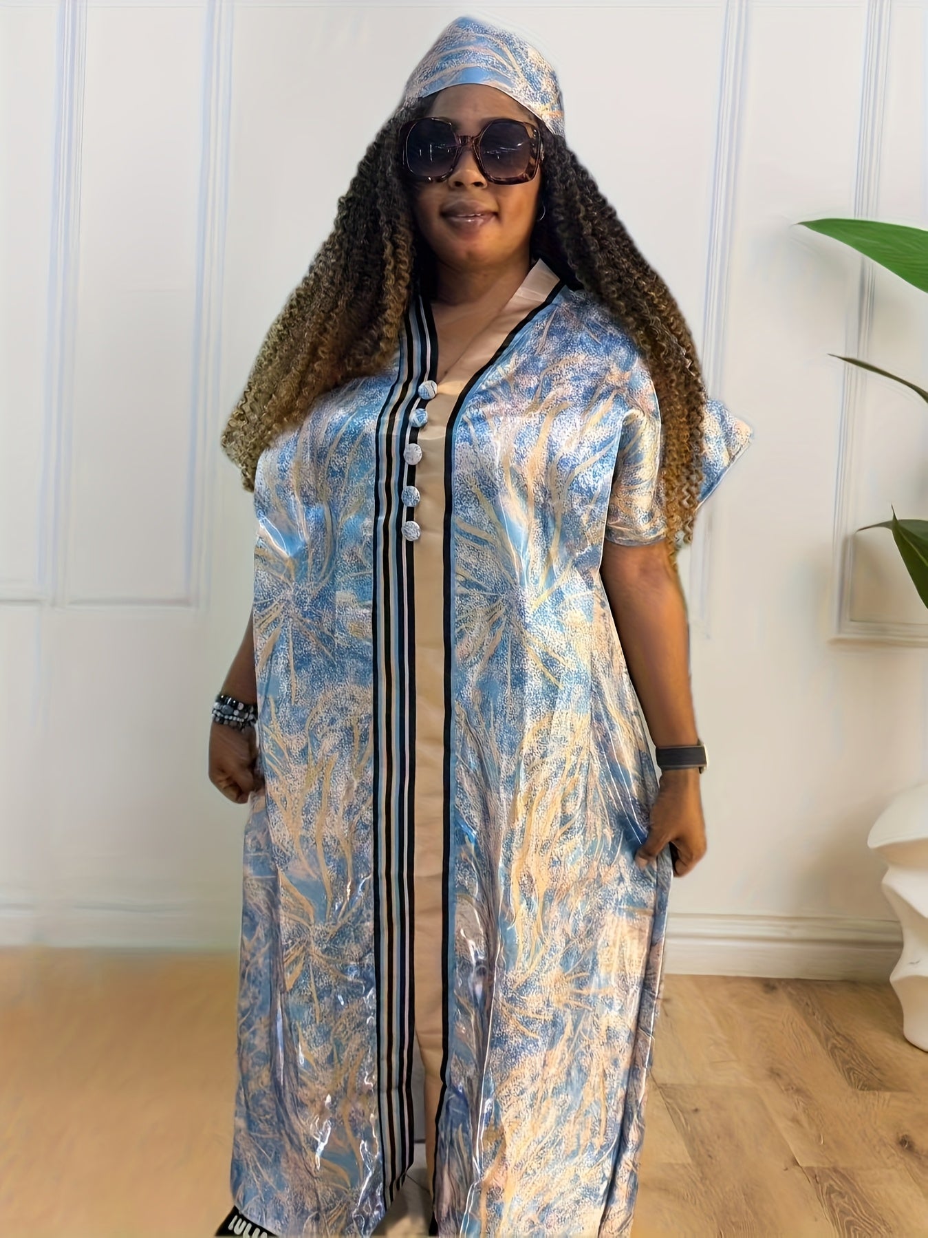 Plus Size Women's V-Neck Kaftan Dress with Batwing Sleeves and Floral Print