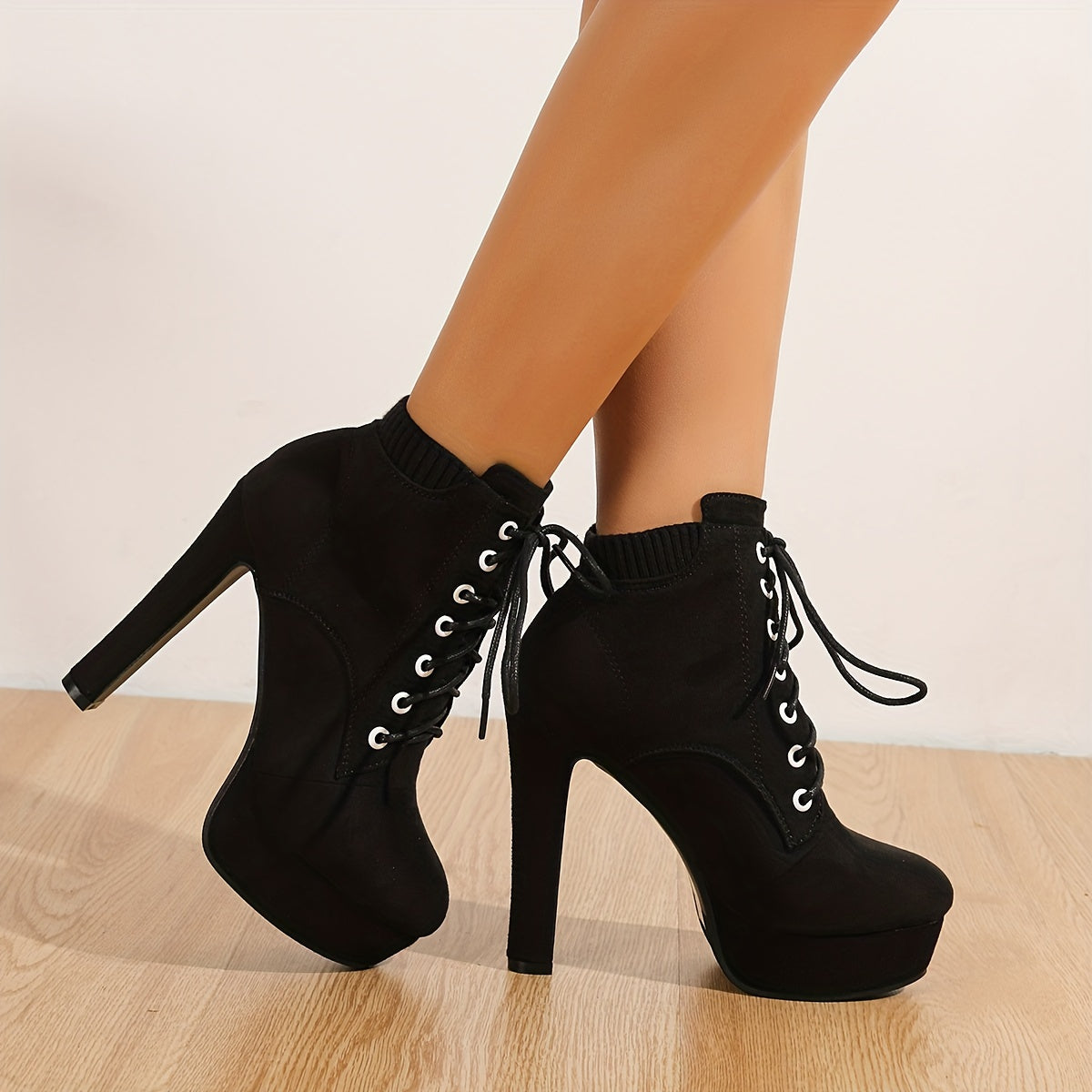 Women's Velvet High Heel Ankle Boots with Platform Zipper Strap
