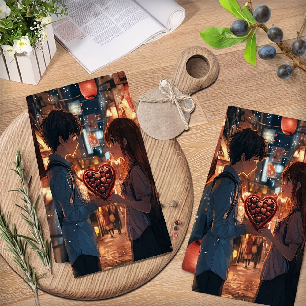 Set of 2 Ultra-Soft Kitchen Towels with Anime Boy and Heart Design