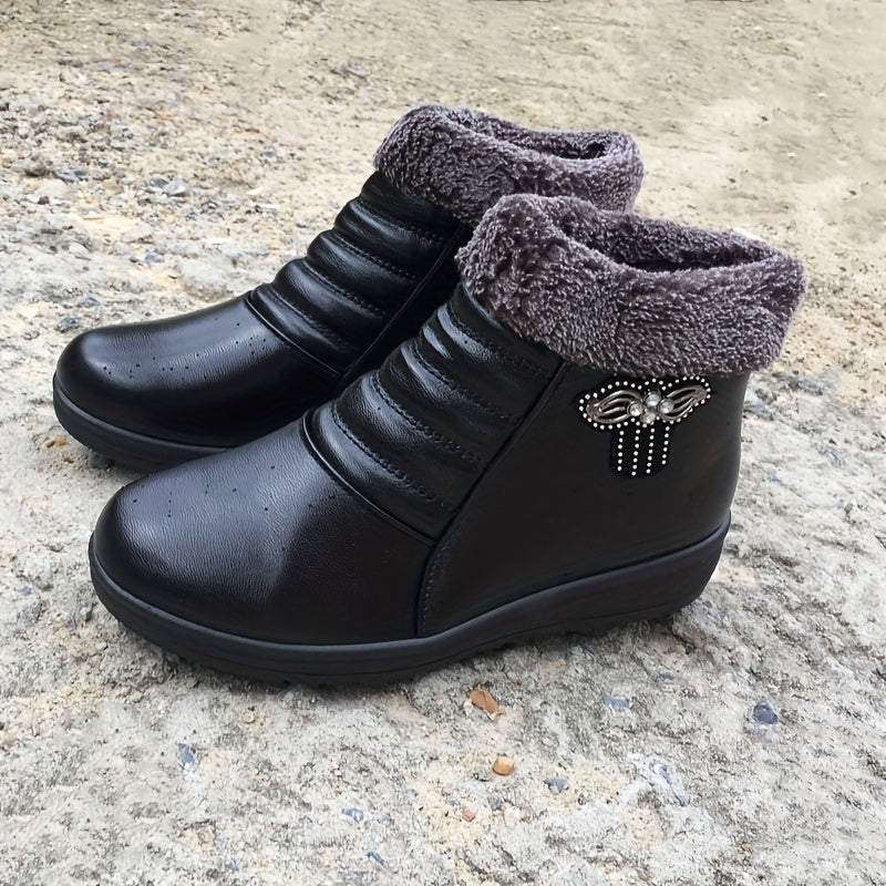 Women's Burgundy Faux Fur Lined Ankle Boots with Non-Slip Sole