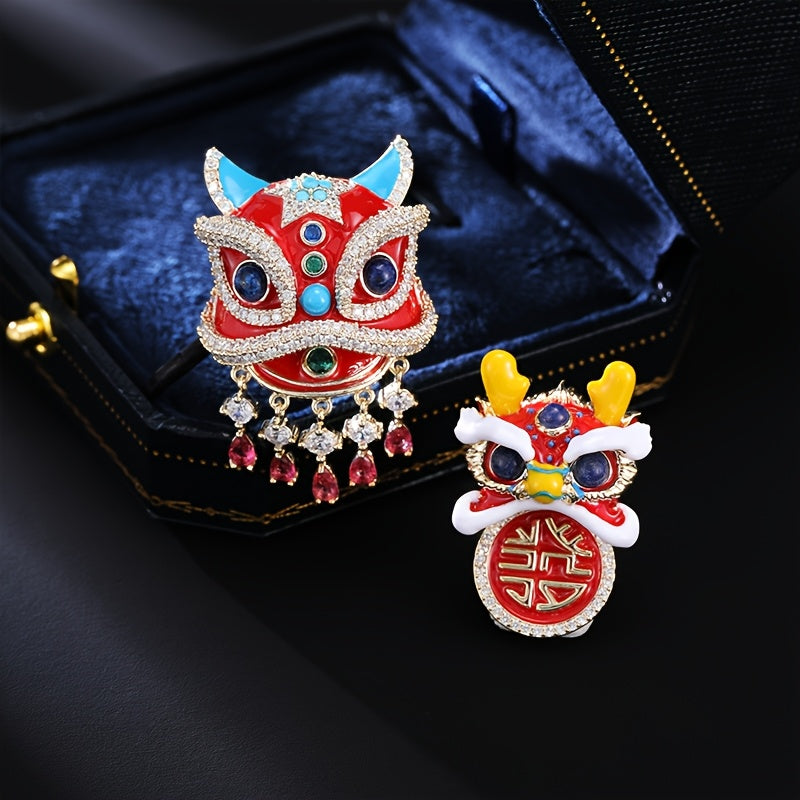 Vintage Chinese Lion Brooch with Glass Rhinestones Animal Lapel Pin Jewelry