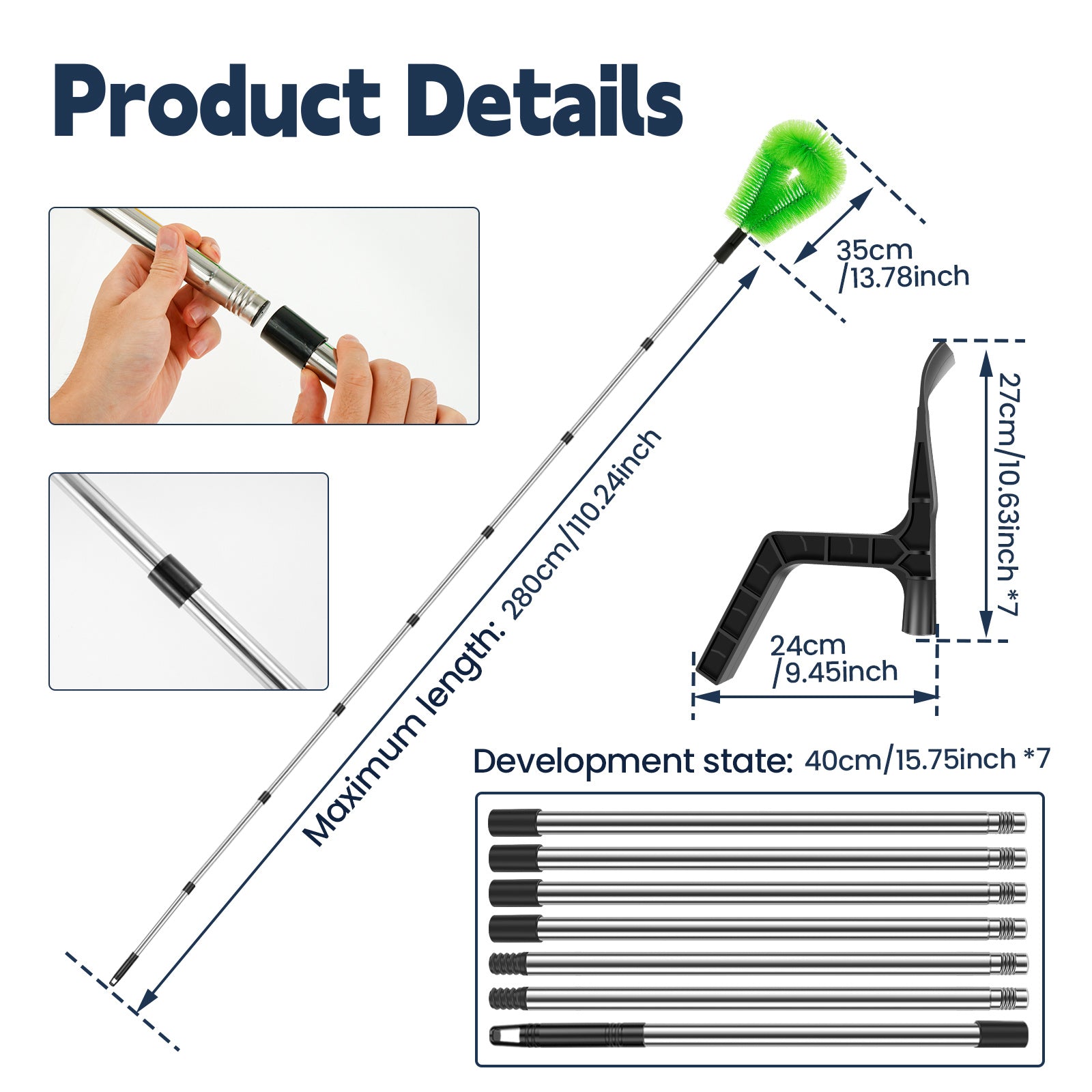 Telescopic Gutter Cleaning Kit Stainless Steel Brush Leaf Shovel 2-in-1 Adjustable Length