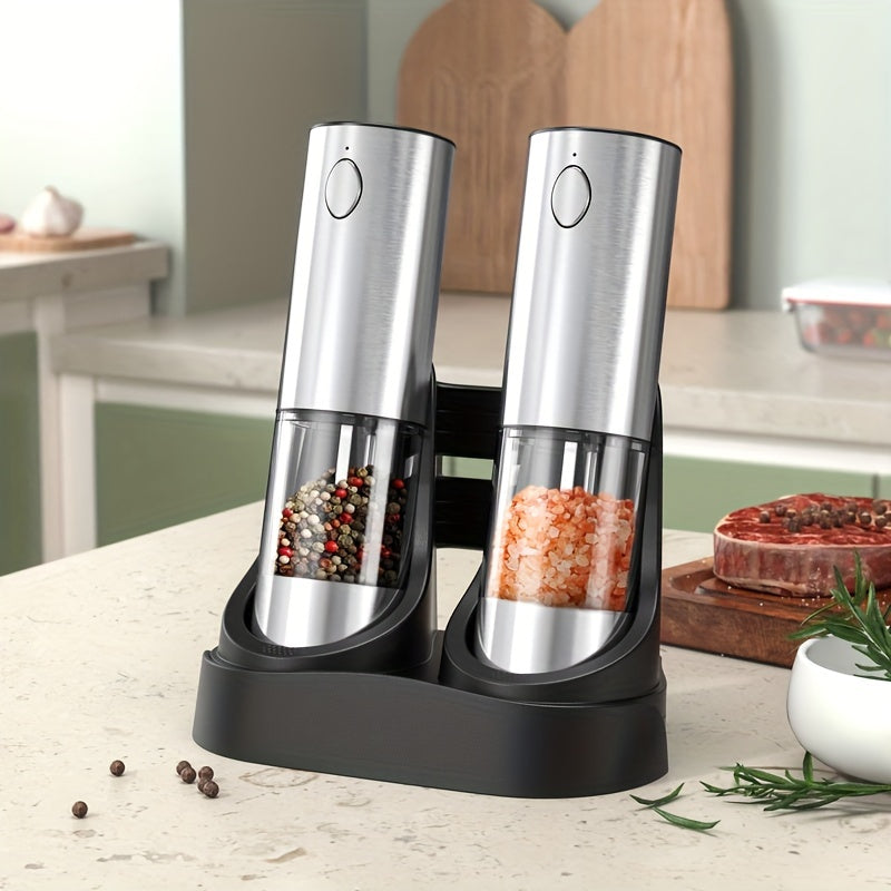 Electric Stainless Steel Salt and Pepper Grinders with LED Light, Rechargeable, Includes Type C Bases