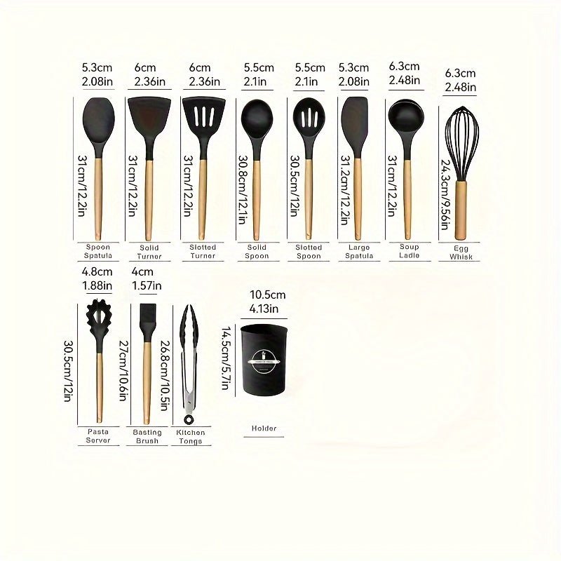 12-Piece Silicone Kitchenware Set with Wooden Handles, Green and Pink Non-Stick Cookware