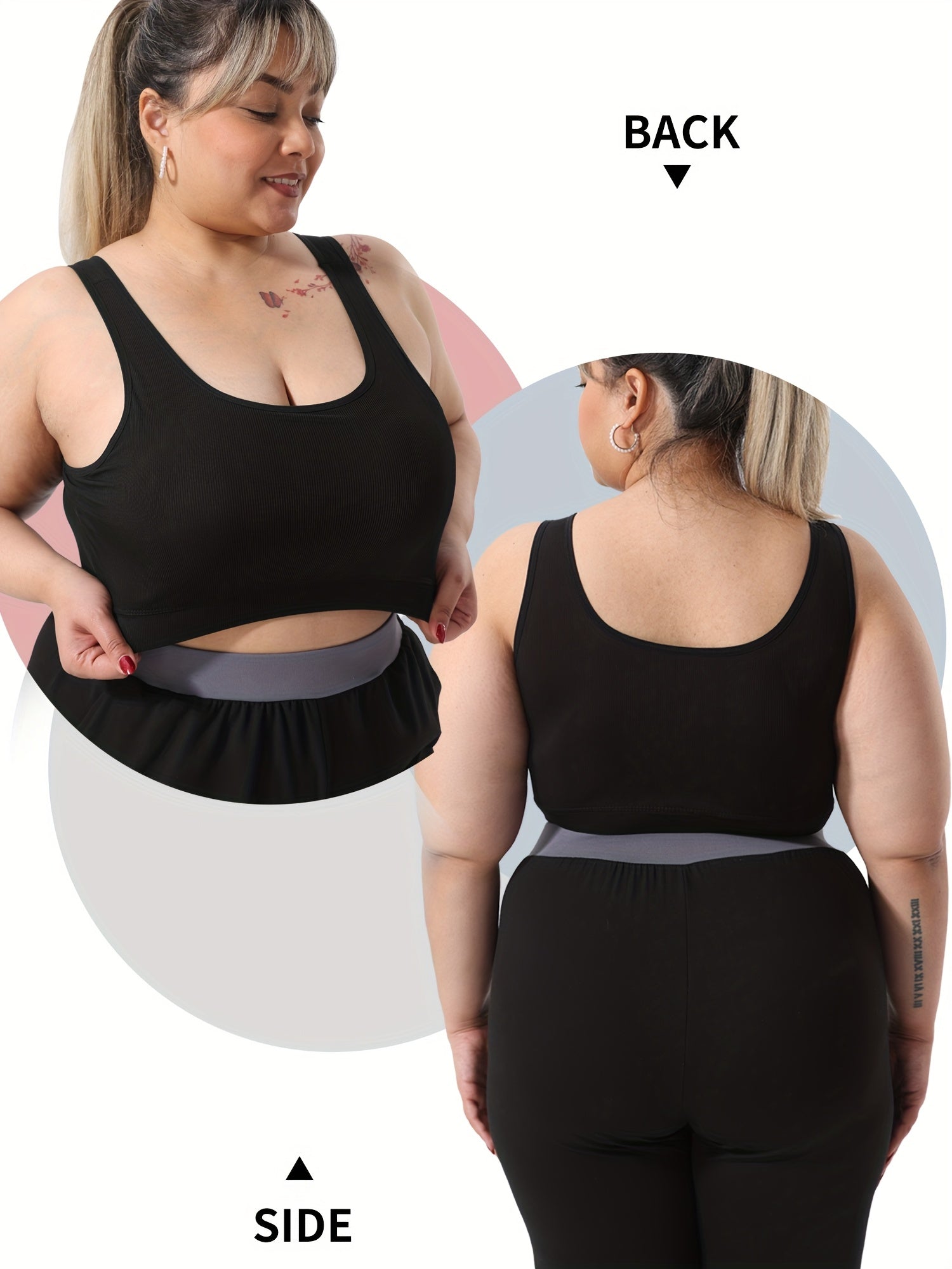 Women's Plus Size Black Knit Tank Top with Built-In Bra Breathable Summer Fitness