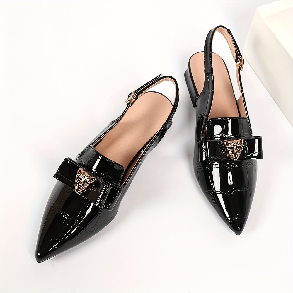 Women's Faux Leather Slingback Heels with Pointed Toe and Chunky Low Heel