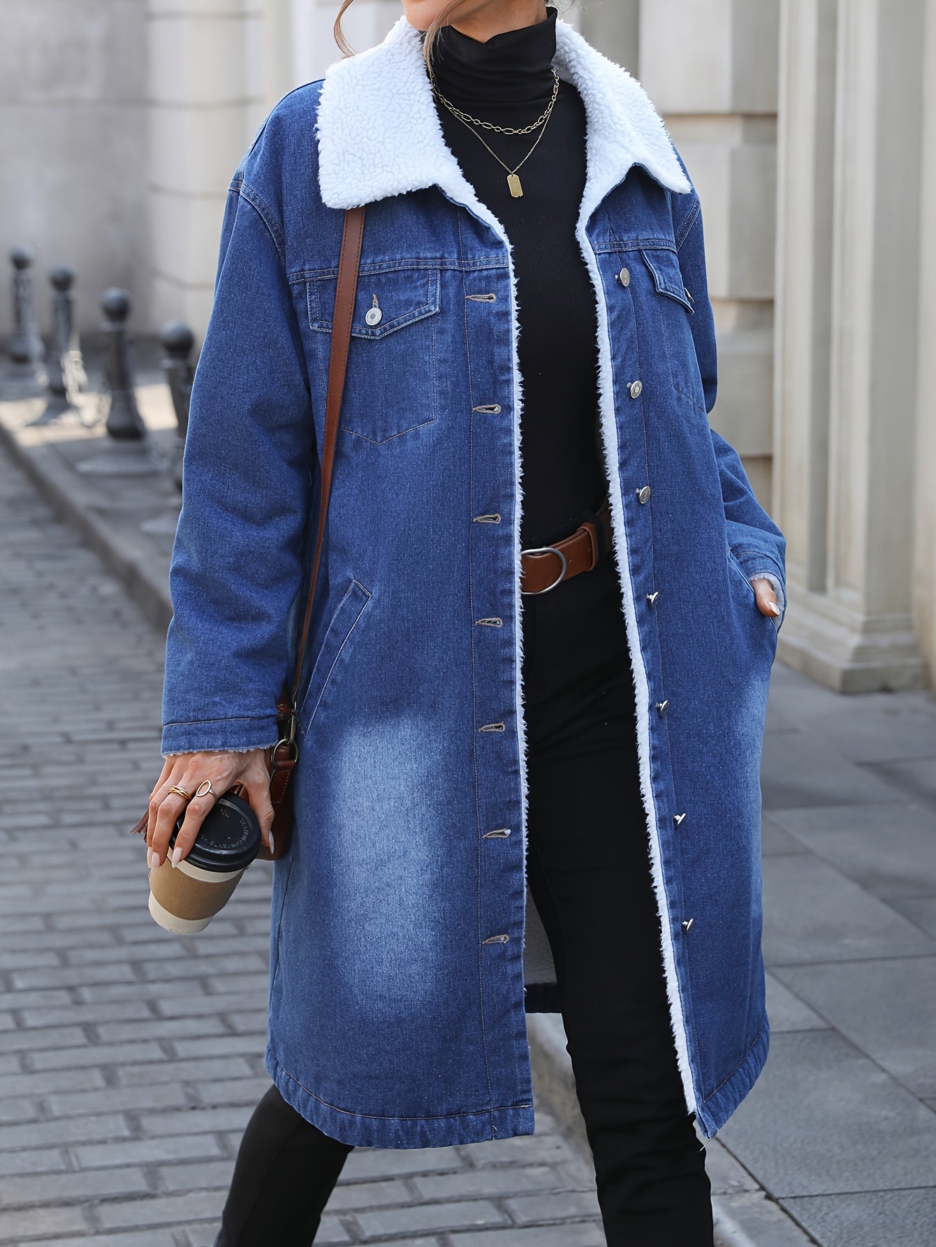 Women's Light Blue Denim Jacket with Faux Fur Trim Long Fall Winter Coat